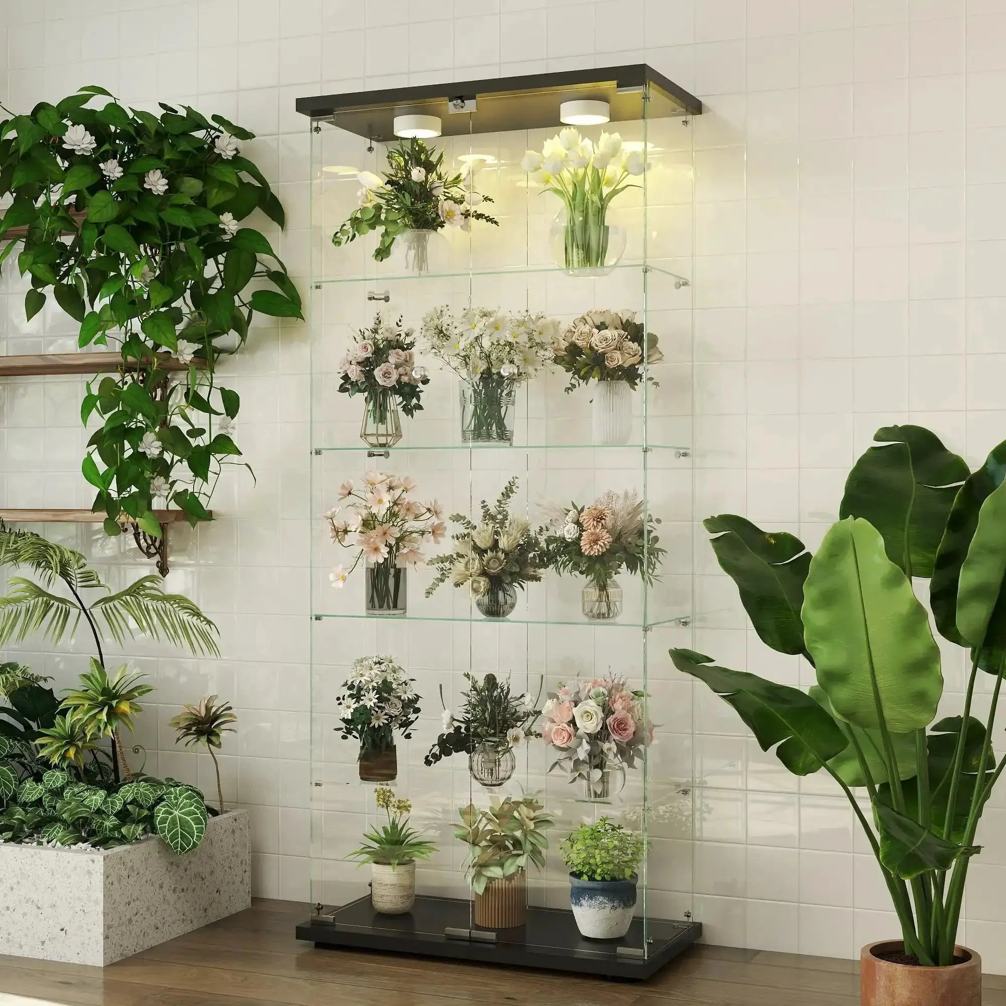 Five Shelf Glass Display Cabinet With Locking Door And Remote LED Lights 4mm Tempered Glass Floor To Ceiling Bookcase For Bedroom Or Living Room Black Finish Perfect For Showing Off Collections - Image 5