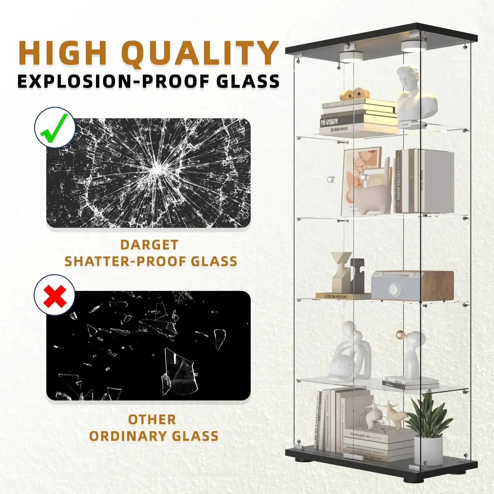 Five Shelf Glass Display Cabinet With Locking Door And Remote LED Lights 4mm Tempered Glass Floor To Ceiling Bookcase For Bedroom Or Living Room Black Finish Perfect For Showing Off Collections - Image 6
