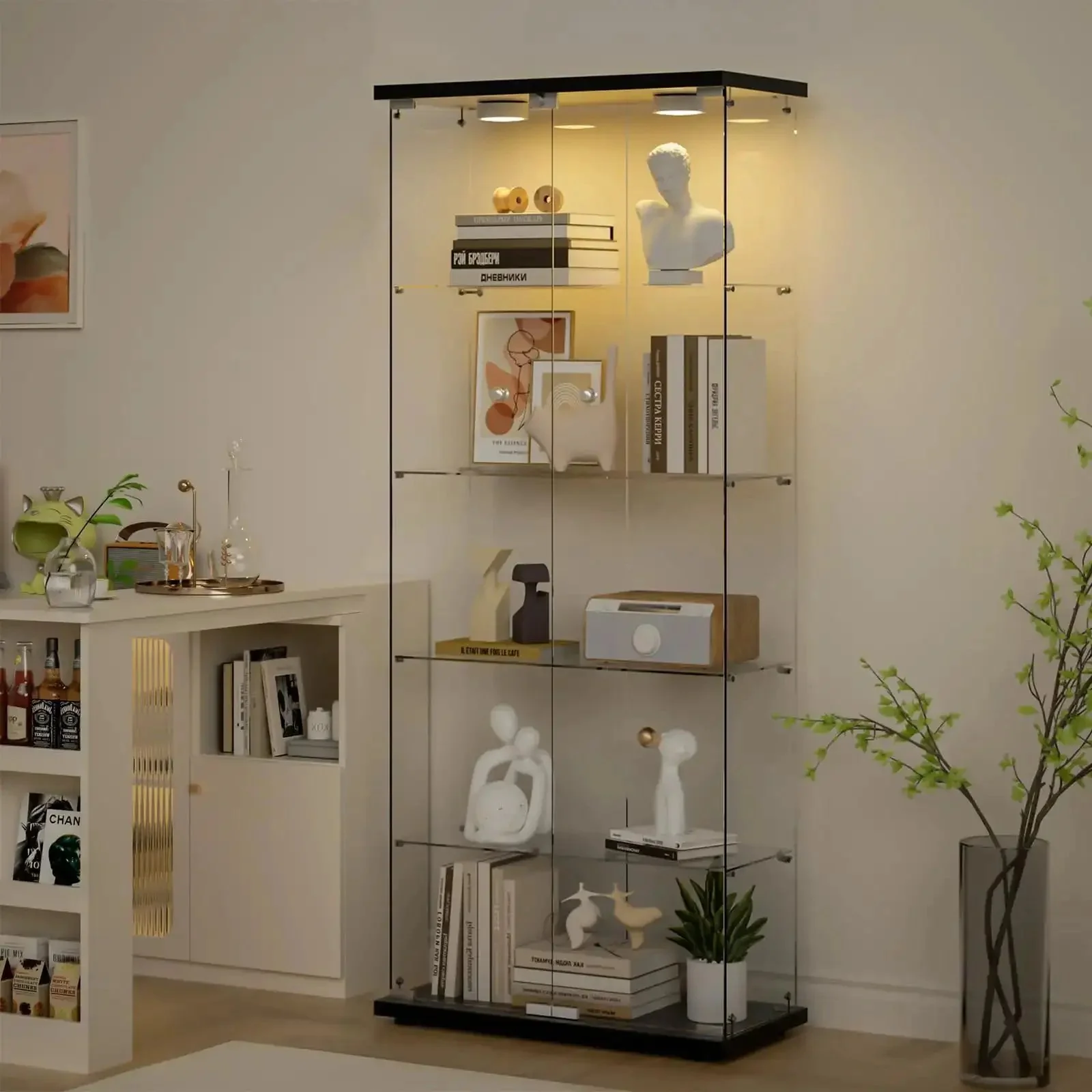 Five Shelf Glass Display Cabinet With Locking Door And Remote LED Lights 4mm Tempered Glass Floor To Ceiling Bookcase For Bedroom Or Living Room Black Finish Perfect For Showing Off Collections - Image 8