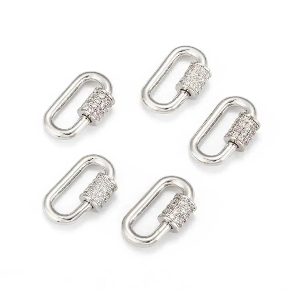 Five Silver Screw Carabiner Lock Charms Set With Brass Micro Pave Cubic Zirconia Oval Quick Links Clasp For Jewelry Making Findings Must Have For Dope Bracelets Necklaces And DIY Accessories