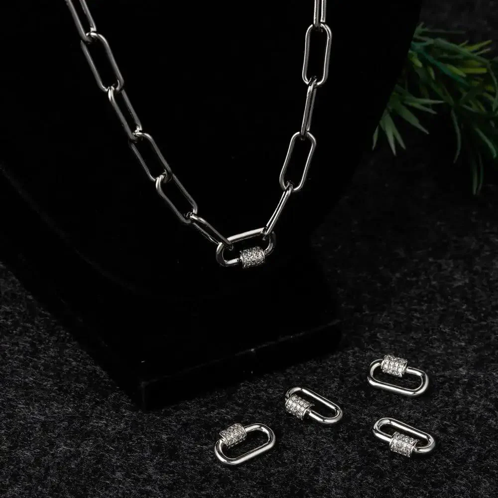 Five Silver Screw Carabiner Lock Charms Set With Brass Micro Pave Cubic Zirconia Oval Quick Links Clasp For Jewelry Making Findings Must Have For Dope Bracelets Necklaces And DIY Accessories - Image 6