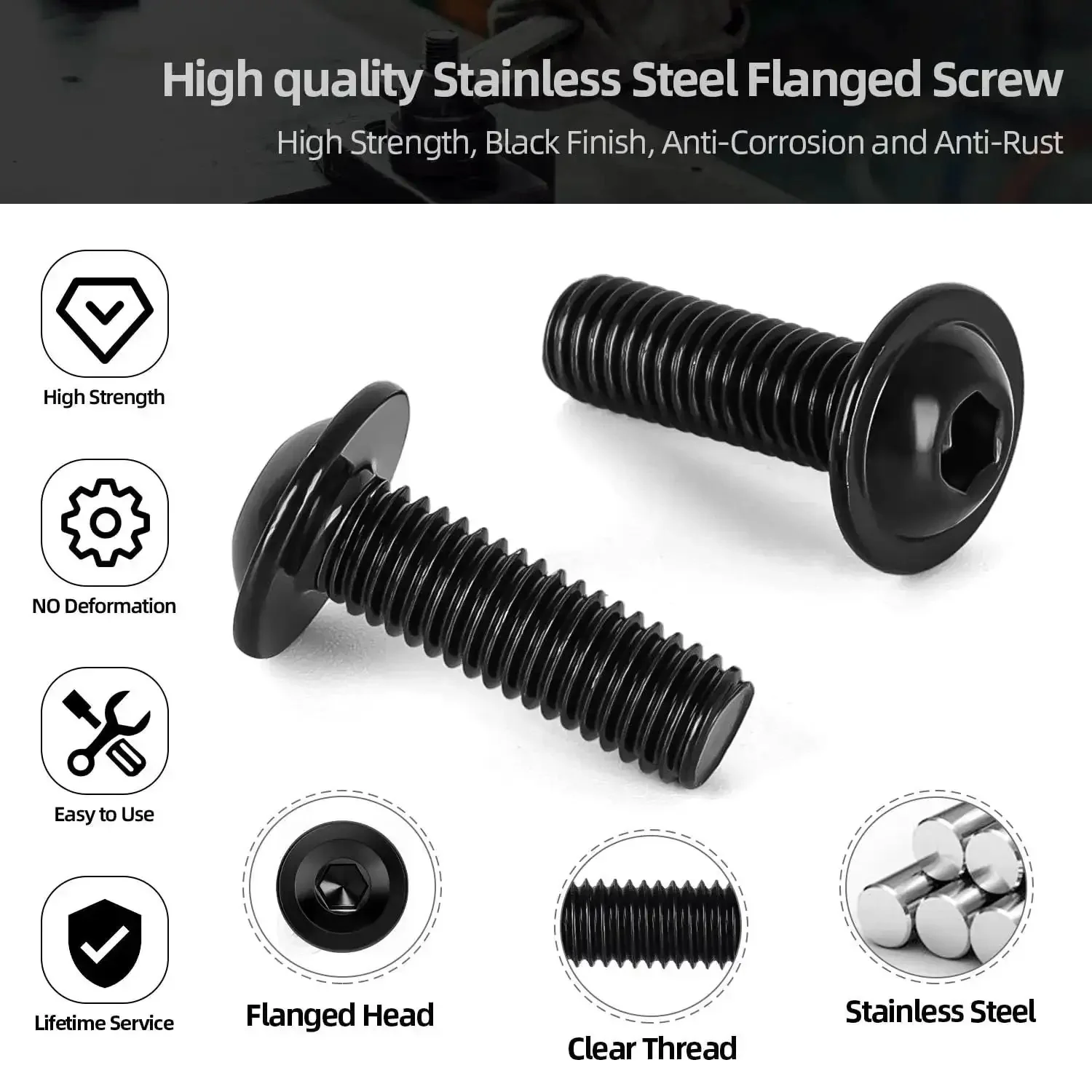 Flanged Button Head Socket Cap Screws M6 X 16mm, 25 Pack, Heavy Duty Stainless Steel 304, Black Finish, Allen Drive, Fully Threaded, Includes Screwdriver Bit, High Strength, Corrosion Resistant - Image 4