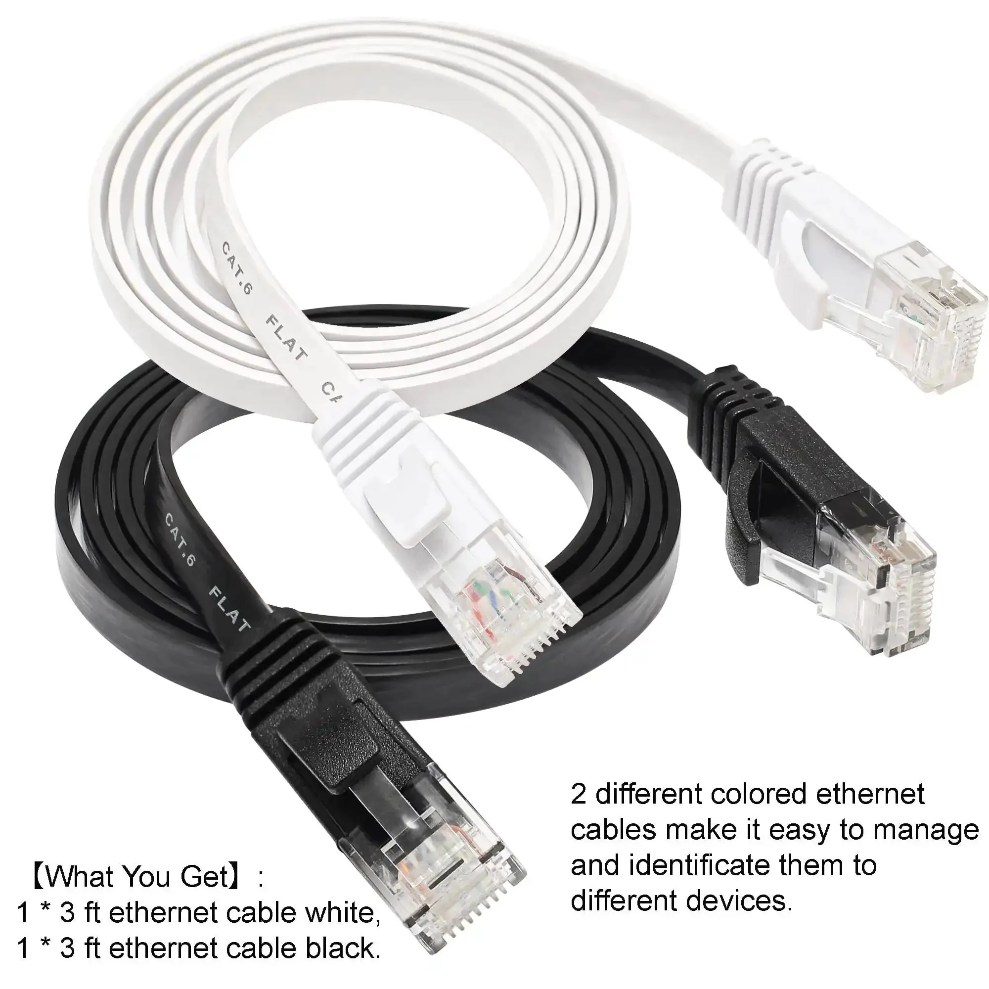 Flat Cat6 Ethernet Cable 3Ft 2 Pack Ultra Fast 10Gbps Ready Patch Cord With RJ45 Connectors For Router Laptop Modem Slim Low Profile Net Cable Black And White - Image 5