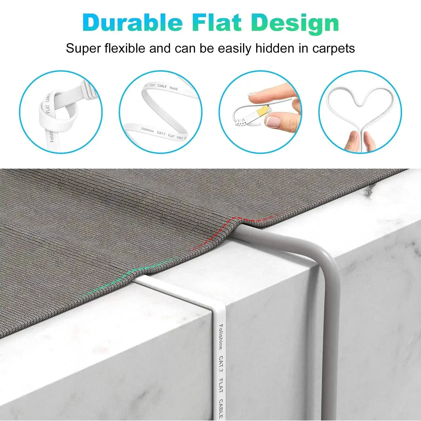 Flat Cat6e Ethernet Cable 25 Ft High Speed Patch Cord With RJ45 Connectors For Router Modem White Neat Cable Management Faster Than Cat5e Durable PVC Flat Design For Wall Wiring - Image 7