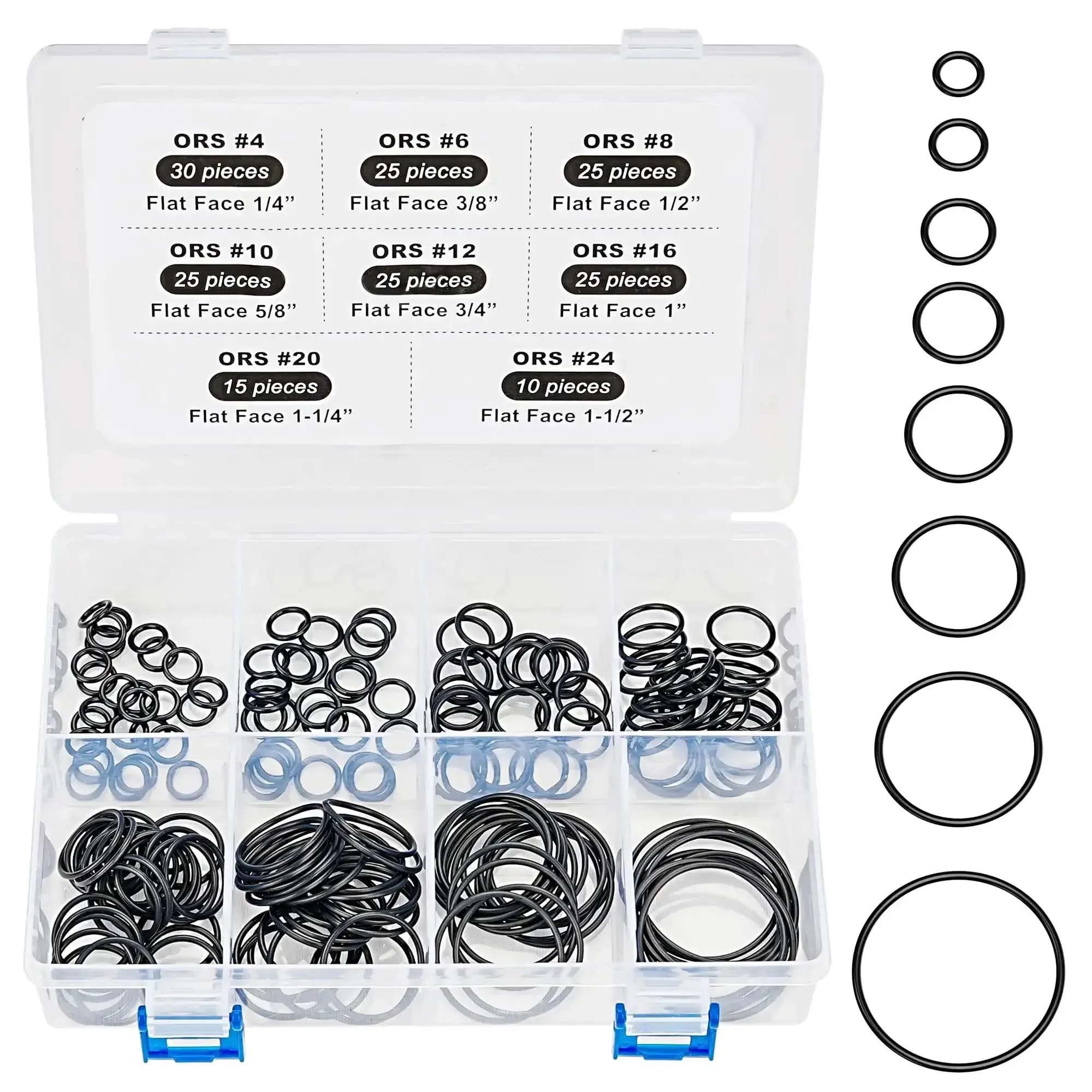 Flat Face O Ring Kit For ORFS Hydraulic Fittings Buna N 90 180 Pieces With Mixed Sizes From Quarter Inch To One Inch Includes 30 For Size Four 25 For Size Six 25 For Size Eight 25 For Size Ten 25 For Size Twelve And 15 For Size Sixteen For Easy Seal