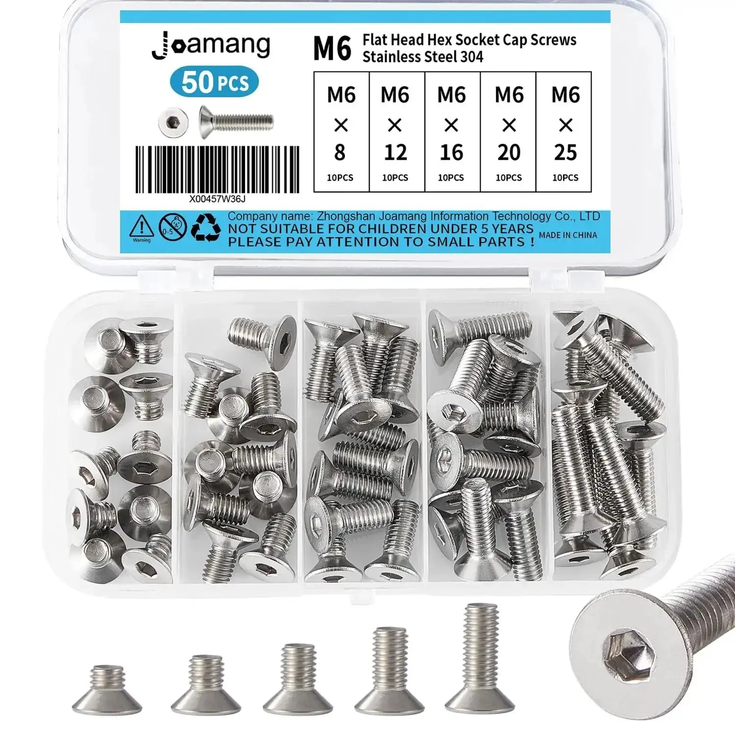 Flat Head Hex Socket Cap Screws M6 Set In 8mm 12mm 16mm 20mm 25mm Lengths 304 Stainless Steel Countersunk Bolts With Bright Finish Fully Threaded Metric Allen Drive 50 Piece Assortment Kit