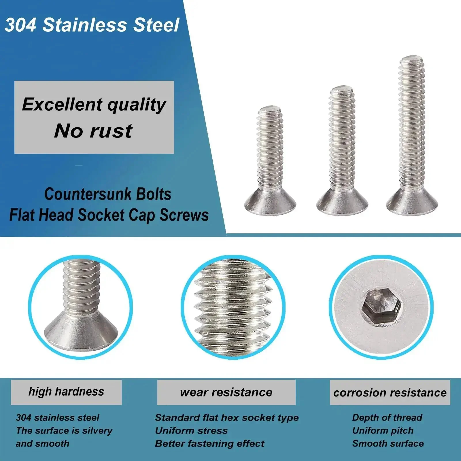 Flat Head Hex Socket Cap Screws M6 Set In 8mm 12mm 16mm 20mm 25mm Lengths 304 Stainless Steel Countersunk Bolts With Bright Finish Fully Threaded Metric Allen Drive 50 Piece Assortment Kit - Image 4