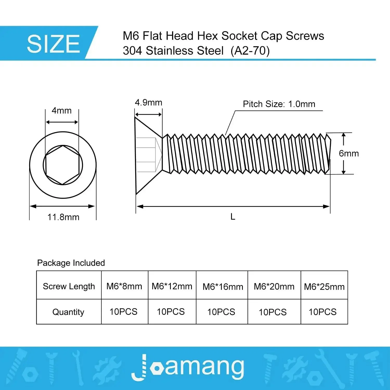 Flat Head Hex Socket Cap Screws M6 Set In 8mm 12mm 16mm 20mm 25mm Lengths 304 Stainless Steel Countersunk Bolts With Bright Finish Fully Threaded Metric Allen Drive 50 Piece Assortment Kit - Image 7