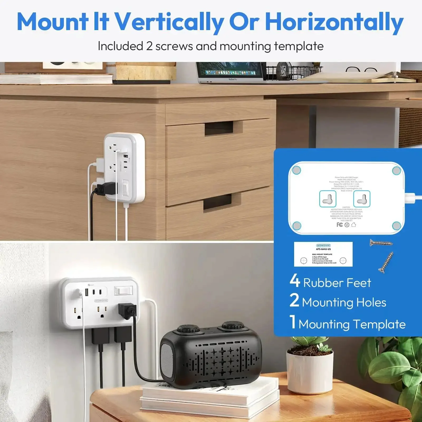 Flat Plug Power Strip With 10 Ft Cord, 6 Outlets And 4 USB Ports, Overload Protected Extension Cord For Indoor Use At Home Or Office, Long Reach And Space Saving Flat Plug Design - Image 2