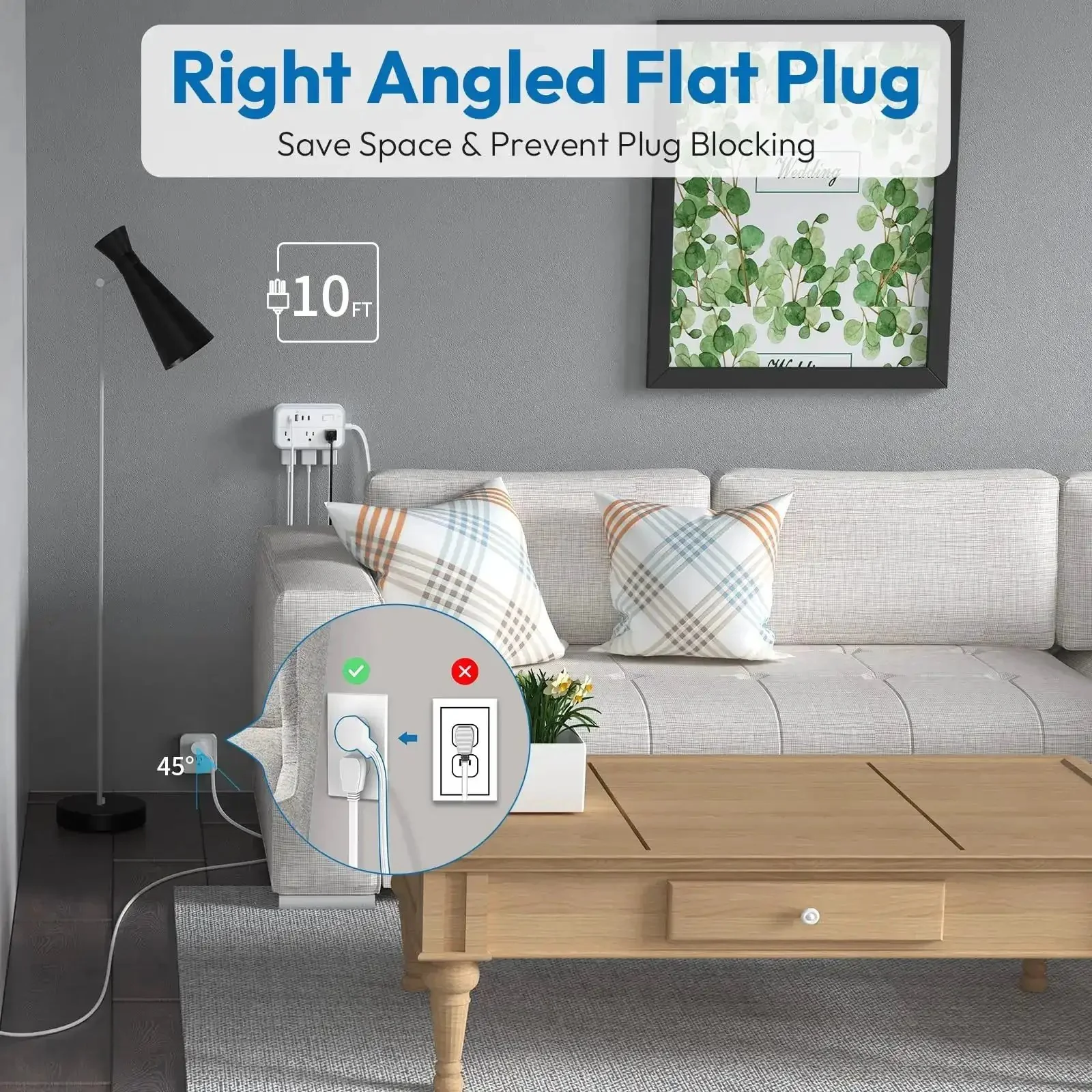 Flat Plug Power Strip With 10 Ft Cord, 6 Outlets And 4 USB Ports, Overload Protected Extension Cord For Indoor Use At Home Or Office, Long Reach And Space Saving Flat Plug Design - Image 6