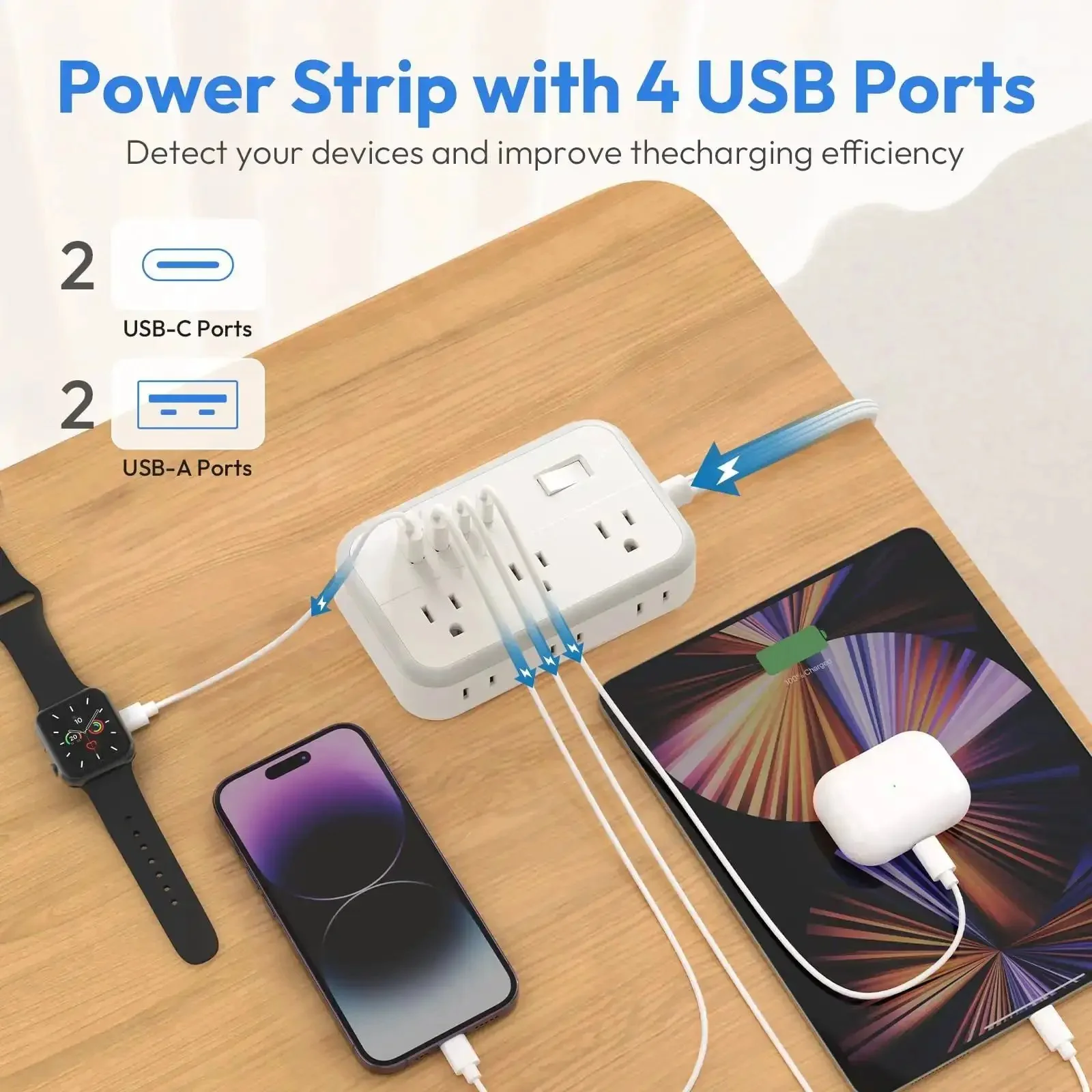 Flat Plug Power Strip With 10 Ft Cord, 6 Outlets And 4 USB Ports, Overload Protected Extension Cord For Indoor Use At Home Or Office, Long Reach And Space Saving Flat Plug Design - Image 7