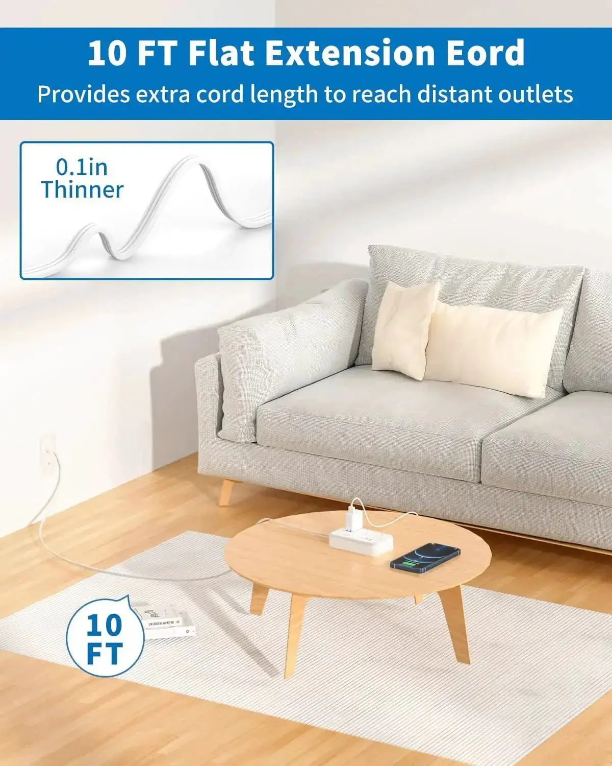 Flat Plug Power Strip With 10 Ft Cord, 6 Outlets And 4 USB Ports, Overload Protected Extension Cord For Indoor Use At Home Or Office, Long Reach And Space Saving Flat Plug Design - Image 8