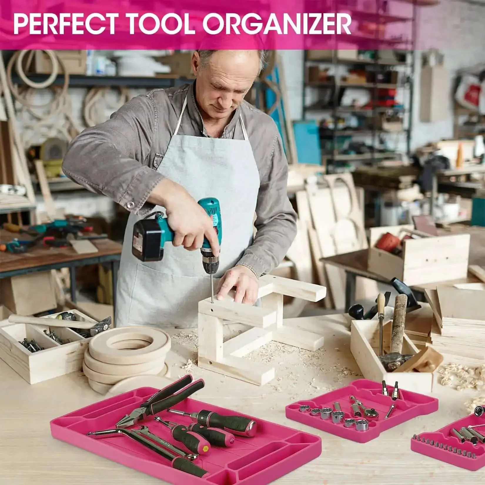 Flexible Silicone Tool Tray 3 Pack For Mechanics And Your Home Shop, Heat And Chemical Resistant Tool Organizer In Pink, Large 19.92 X 10.43 Inches, Medium 24.7 X 21.3 Inches, Small 9.72 X 5.71 Inches For Wrenches Hammers Screwdrivers Sockets - Image 2
