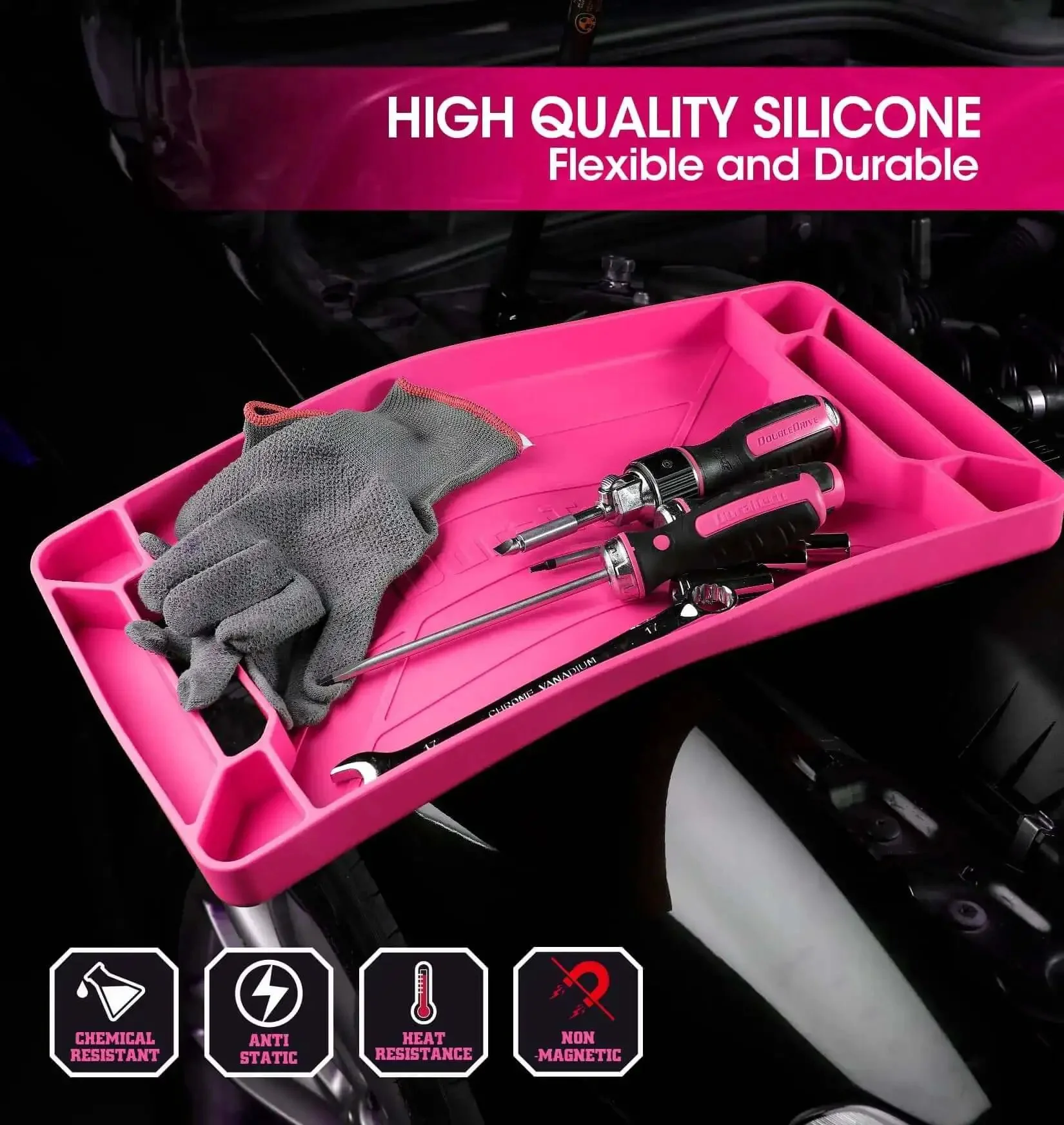 Flexible Silicone Tool Tray 3 Pack For Mechanics And Your Home Shop, Heat And Chemical Resistant Tool Organizer In Pink, Large 19.92 X 10.43 Inches, Medium 24.7 X 21.3 Inches, Small 9.72 X 5.71 Inches For Wrenches Hammers Screwdrivers Sockets - Image 5