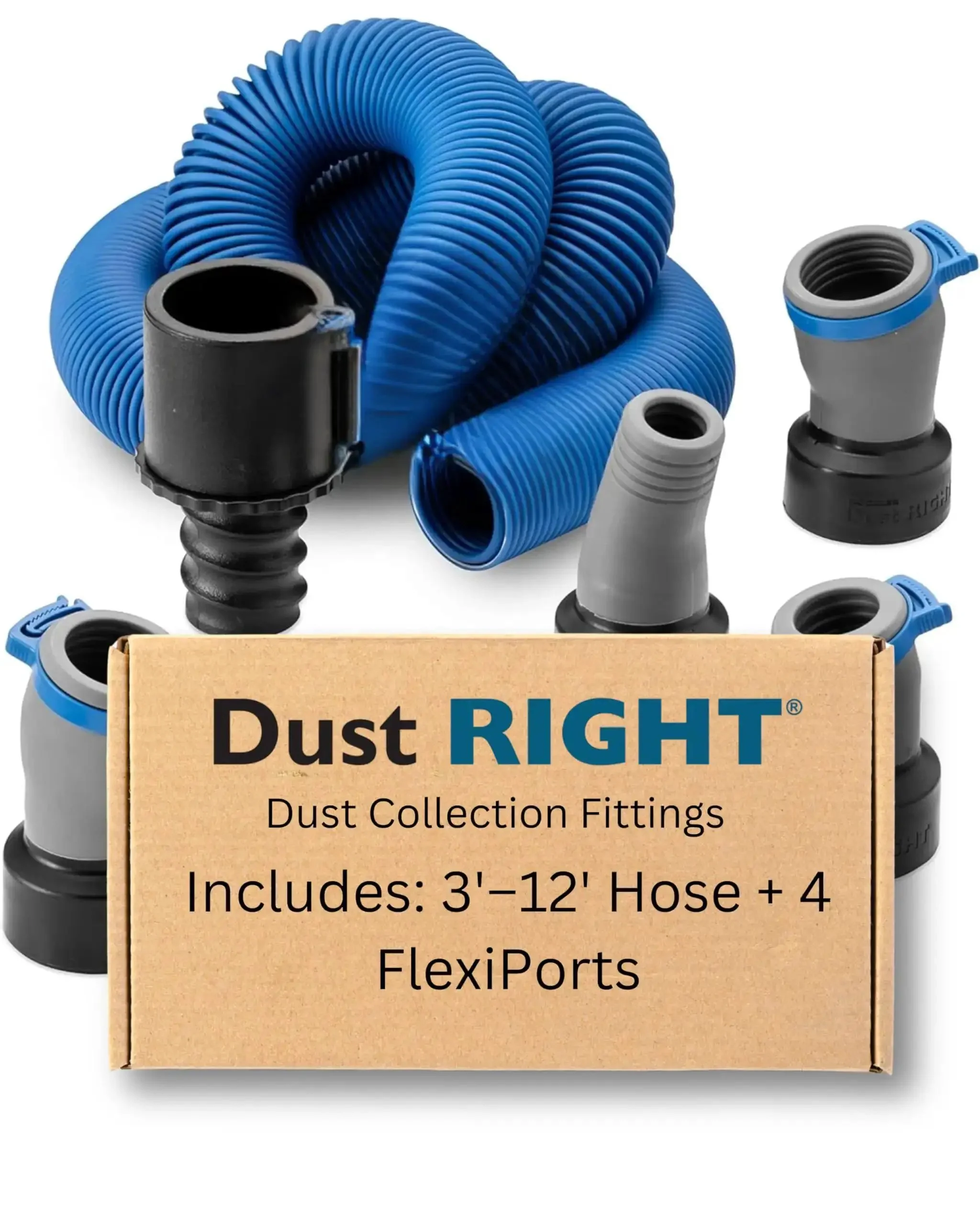 Flexiport Power Tool Hose Kit With 3 To 12 Foot Expandable Hose And Four FlexiPorts For Lightweight Dust Collection From Woodworking Tools And Shop Vacuums Featuring Quick Click Connect System For Fast Tool Transitions