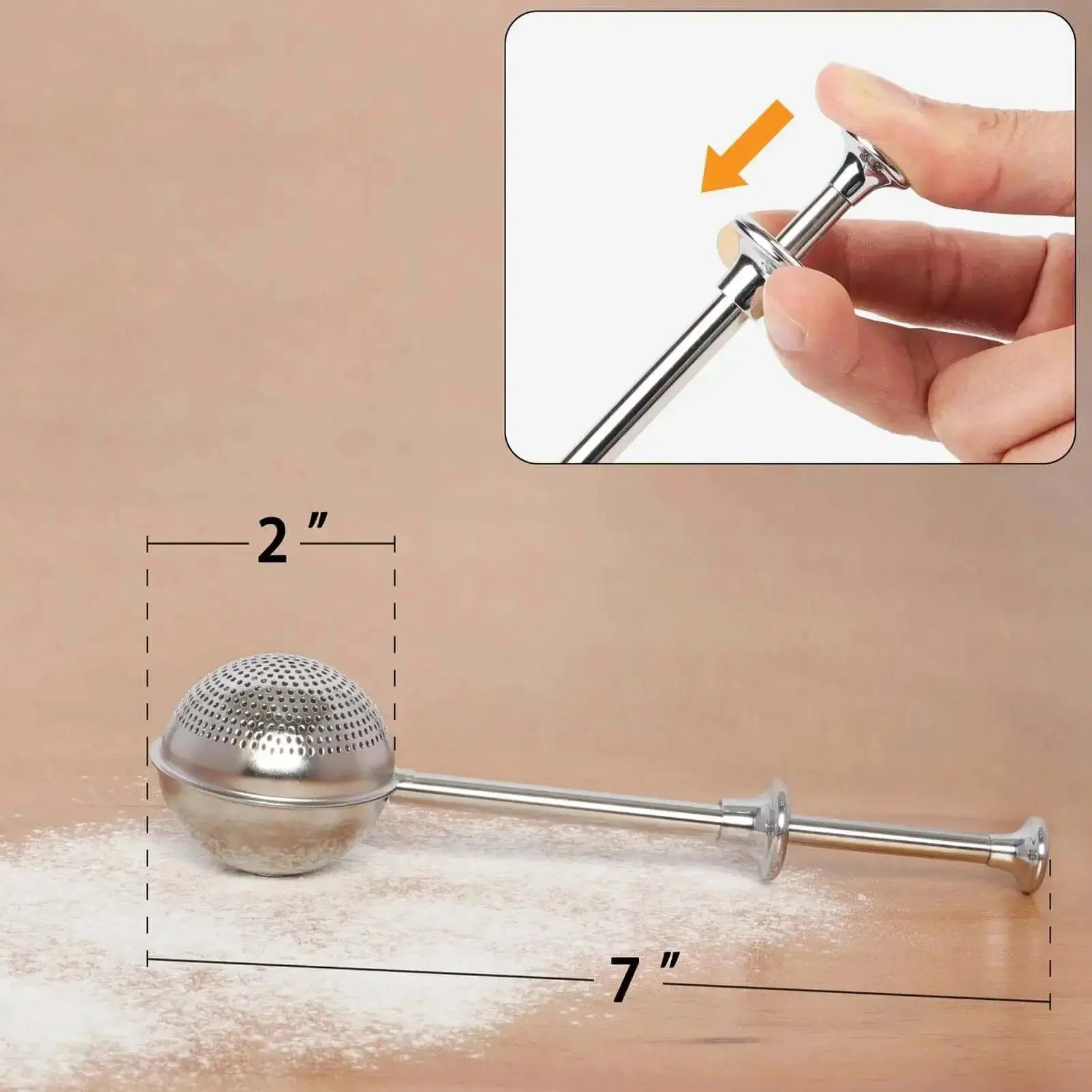 Flour Duster For Baking One Handed Operation Stainless Steel Powdered Sugar Shaker Duster Pick Up And Dust Flour Sifter Great For Cocoa Powder And Powdered Sugar No Mess Gift Package Included - Image 4