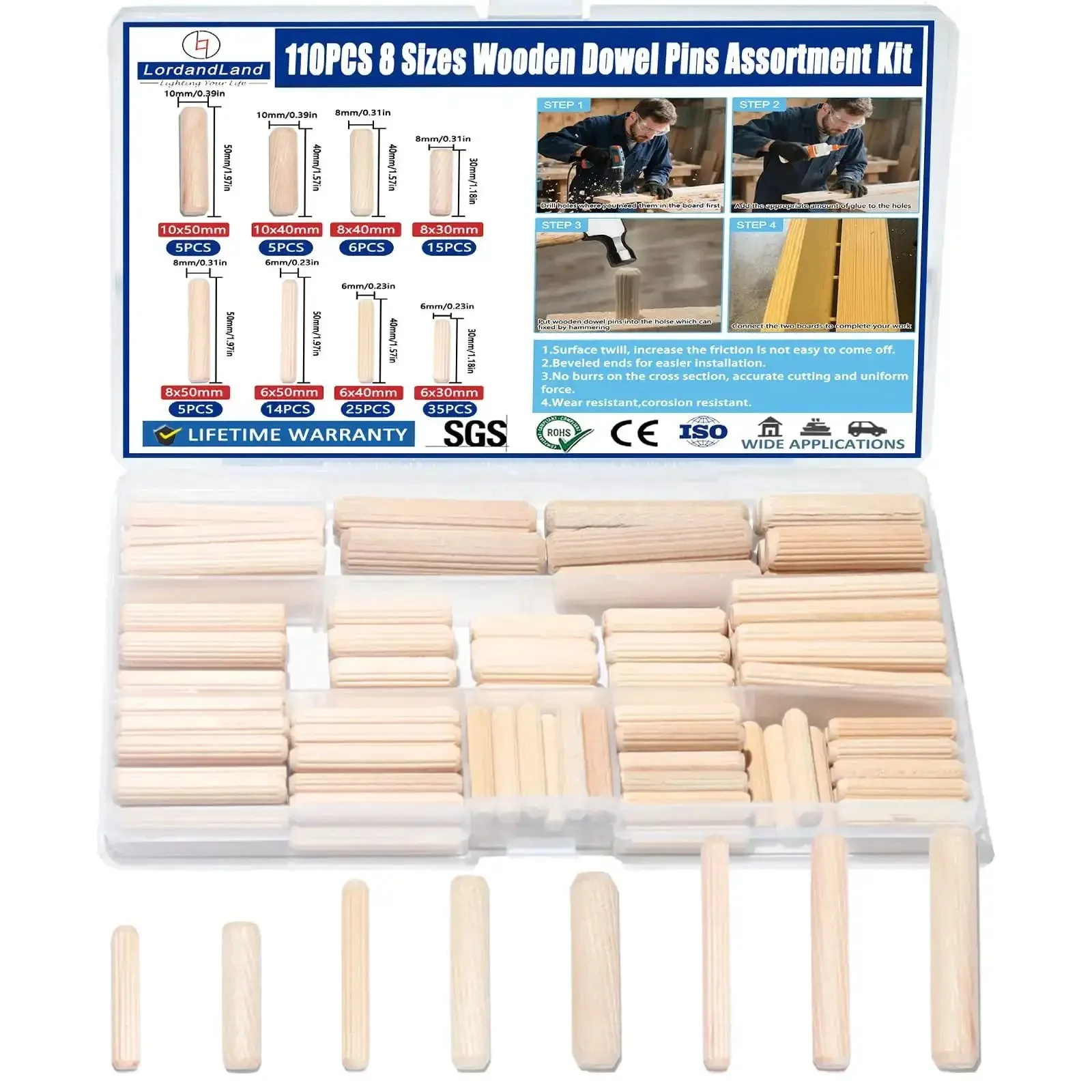 Fluted Wood Dowels Kit Pack Of 110 For Furniture Woodworking And DIY Projects A Handy Pro Grade Set With Three Diameters And Varied Lengths Including One Quarter Inch Five Sixteenths Inch And Three Eighths Inch Dowels