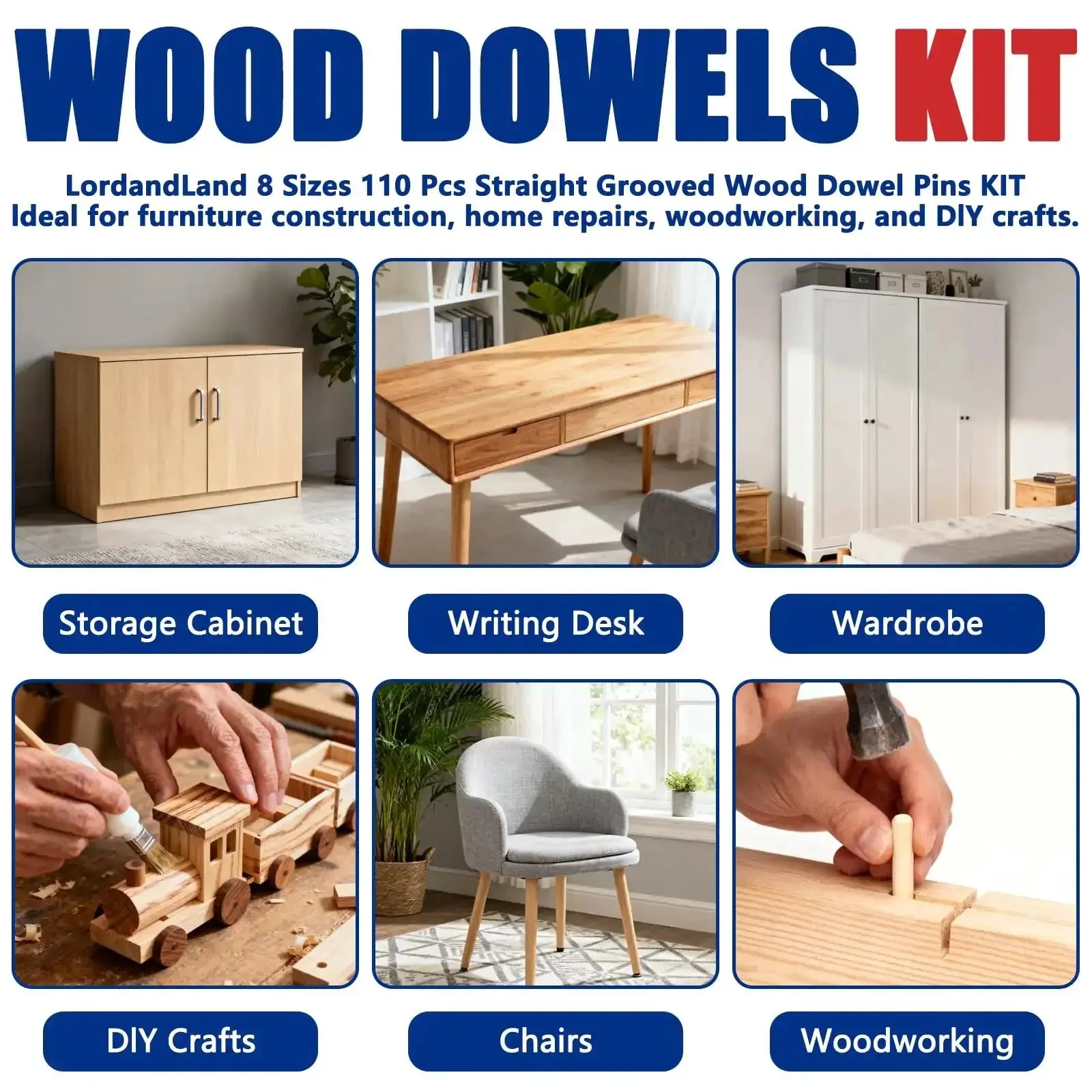 Fluted Wood Dowels Kit Pack Of 110 For Furniture Woodworking And DIY Projects A Handy Pro Grade Set With Three Diameters And Varied Lengths Including One Quarter Inch Five Sixteenths Inch And Three Eighths Inch Dowels - Image 4