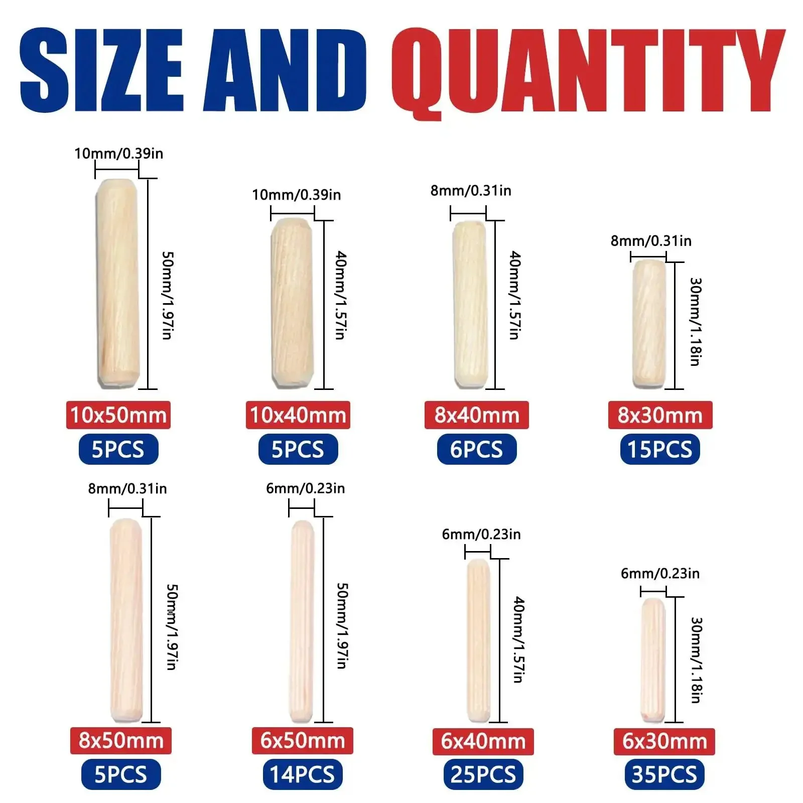 Fluted Wood Dowels Kit Pack Of 110 For Furniture Woodworking And DIY Projects A Handy Pro Grade Set With Three Diameters And Varied Lengths Including One Quarter Inch Five Sixteenths Inch And Three Eighths Inch Dowels - Image 7