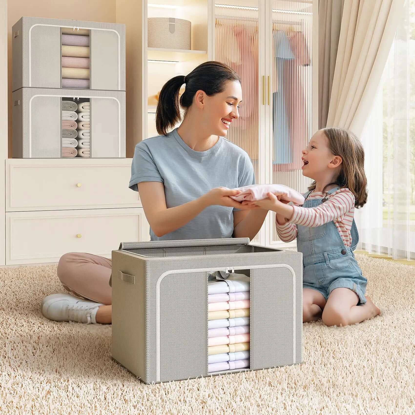Foldable Metal Frame Storage Bins Set For Clothes And No Fuss Organization, 100L Each, 3 Pack, Stackable Closet Boxes For Sheets, Blankets, Toys, Books And Holiday Decor - Image 3