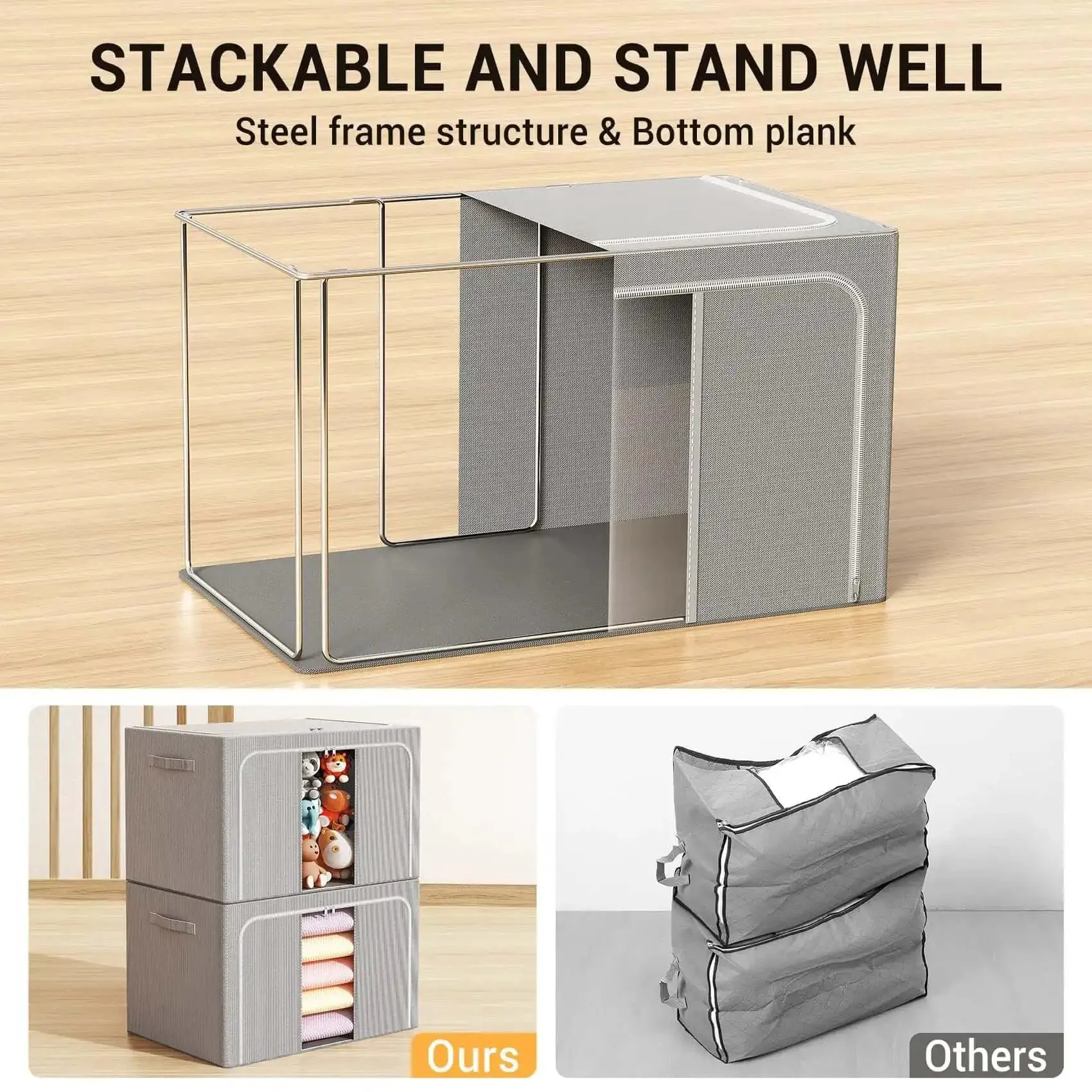 Foldable Metal Frame Storage Bins Set For Clothes And No Fuss Organization, 100L Each, 3 Pack, Stackable Closet Boxes For Sheets, Blankets, Toys, Books And Holiday Decor - Image 9