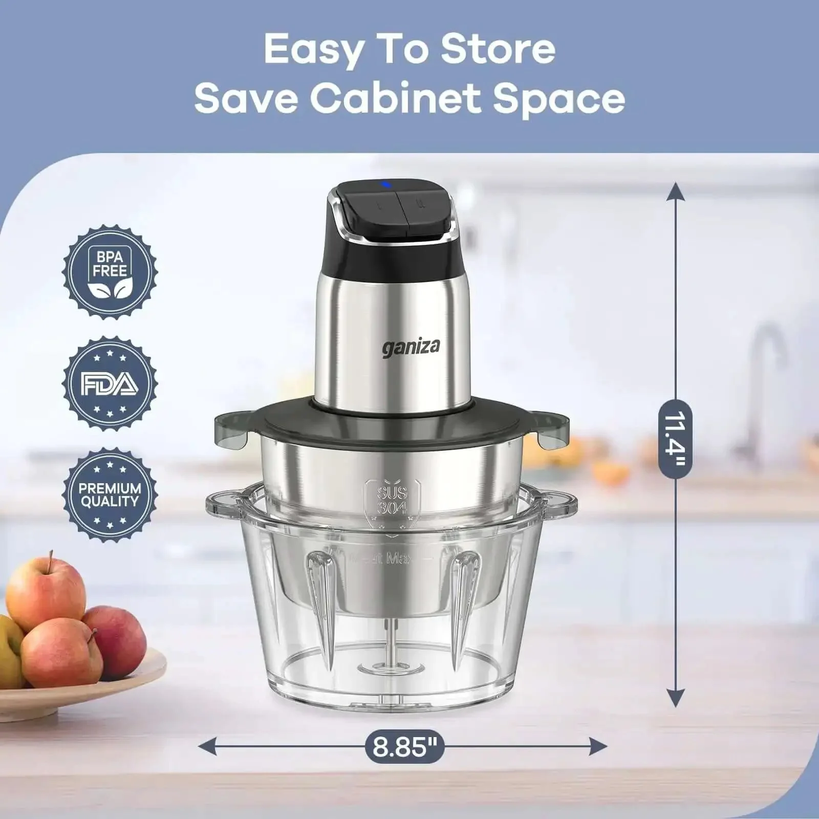 Food Processor Chopper And Meat Grinder With 2 Speed Settings And 8 Cup Stainless Steel And 8 Cup Glass Bowls No Fuss Design Upgraded Button Design With Smart Overheat Protection Light Includes Clean Brush And 2 Blade Sets - Image 3
