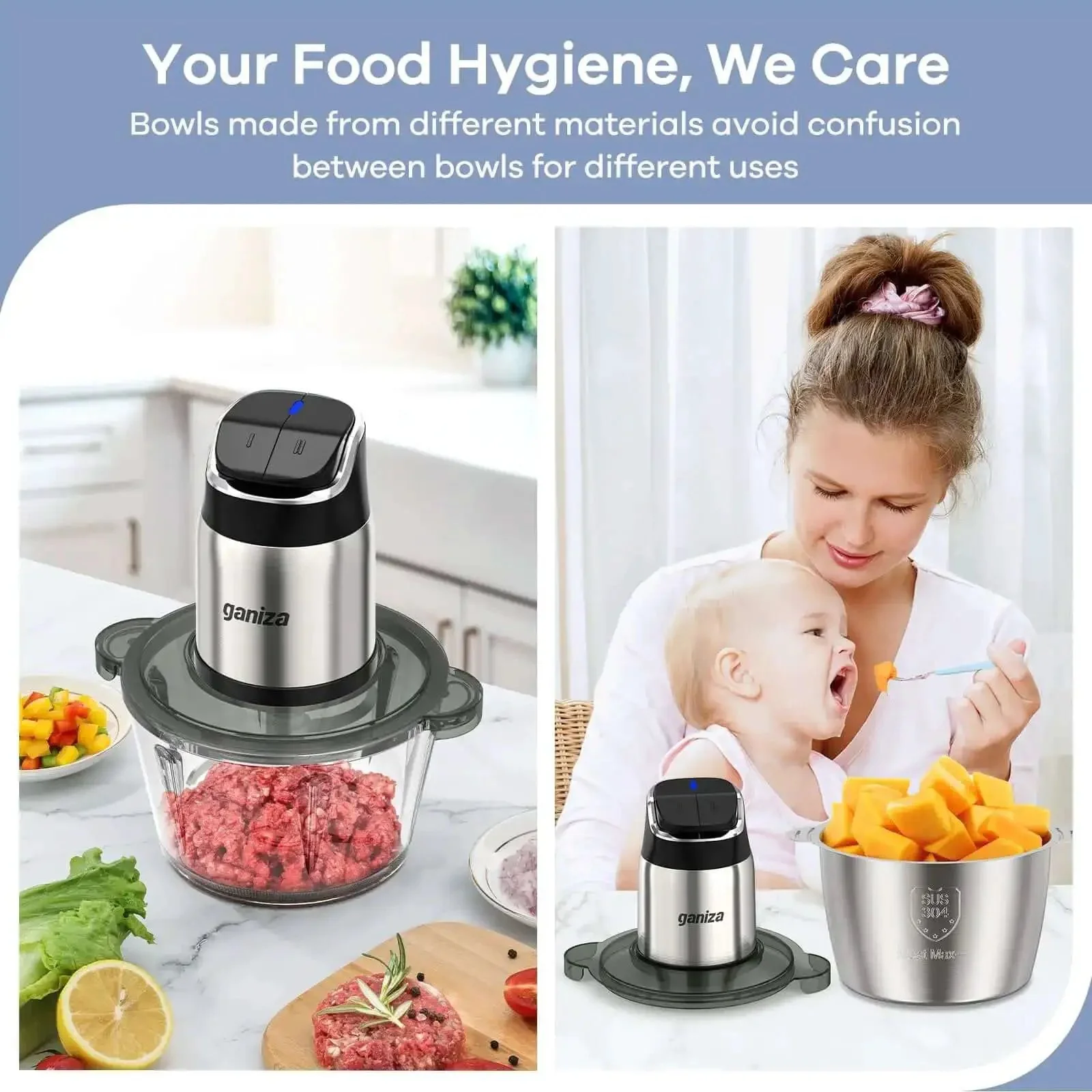 Food Processor Chopper And Meat Grinder With 2 Speed Settings And 8 Cup Stainless Steel And 8 Cup Glass Bowls No Fuss Design Upgraded Button Design With Smart Overheat Protection Light Includes Clean Brush And 2 Blade Sets - Image 6