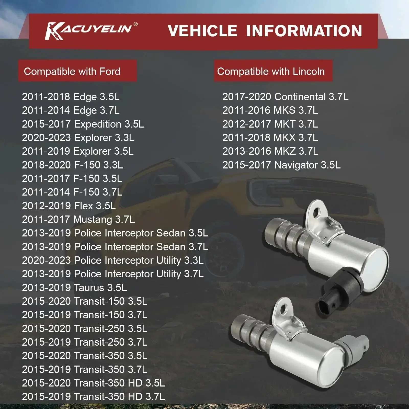 Ford F150 Mustang Explorer Edge Expedition Lincoln MKS MKT Drop In VVT Solenoid Kit For Engine Variable Valve Timing Intake And Exhaust Oil Control Valves Two Pack 2011 Through 2023 - Image 2