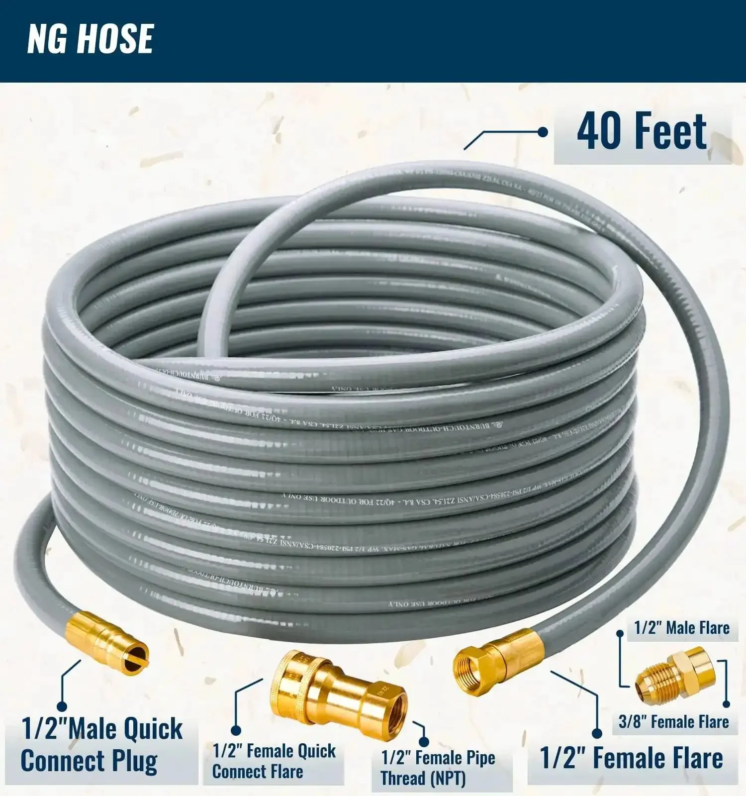 Forty Feet One Half Inch ID Natural Gas Grill Hose With Quick Connect Fittings Low Pressure Gas Line For Grills Pizza Ovens Heaters And More Durable Natural Rubber Outer Layer With Flexible Stainless Steel Inner Core - Image 7