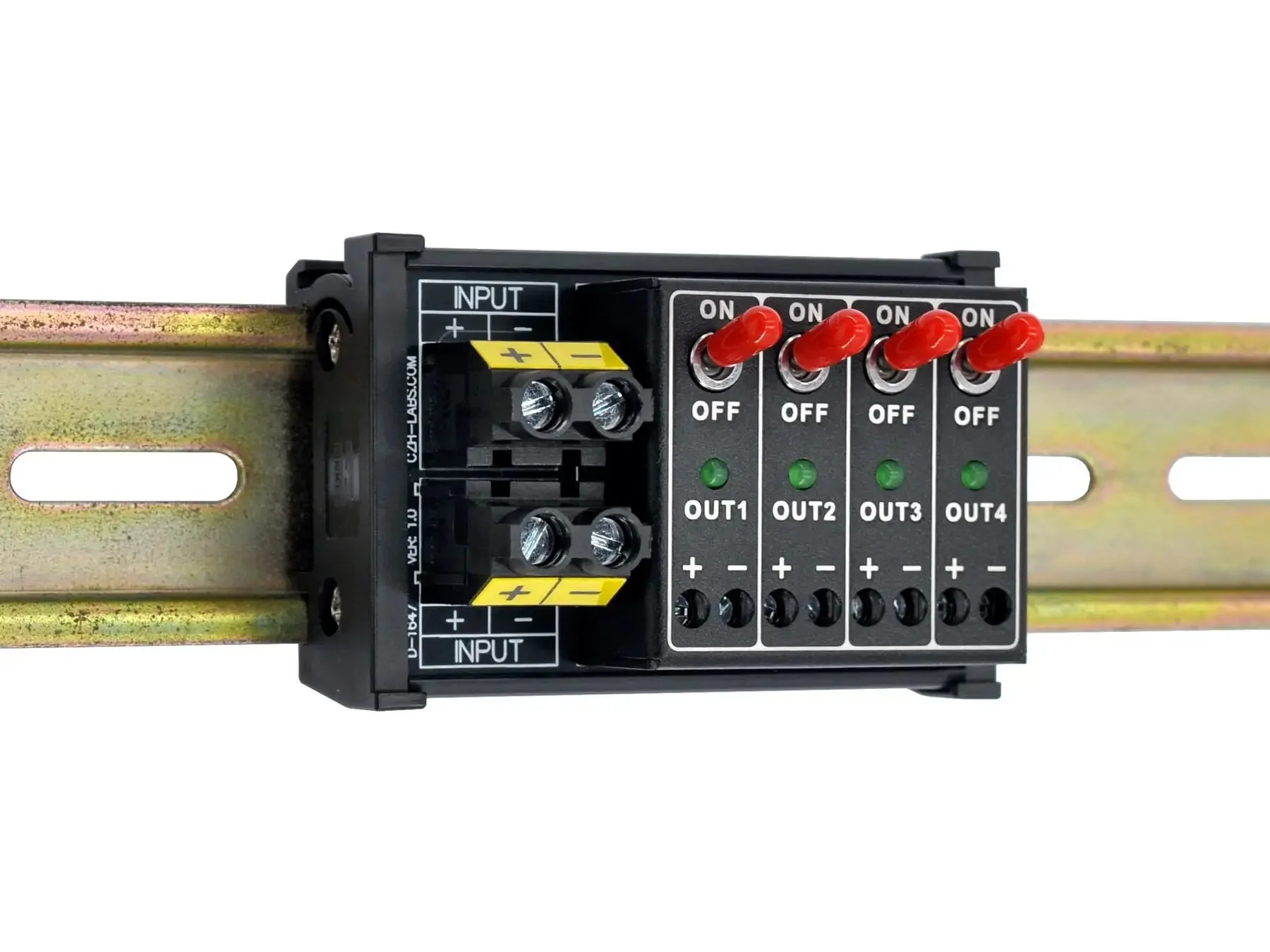 Four Channel Toggle Switch Power Distribution Module For DIN Rail Mount With LED On Off Indicators And DC Input Range Three To Thirty Two Volts Up To Thirty Amps Total Five Amps Per Channel Ideal For Industrial Control Panels - Image 4
