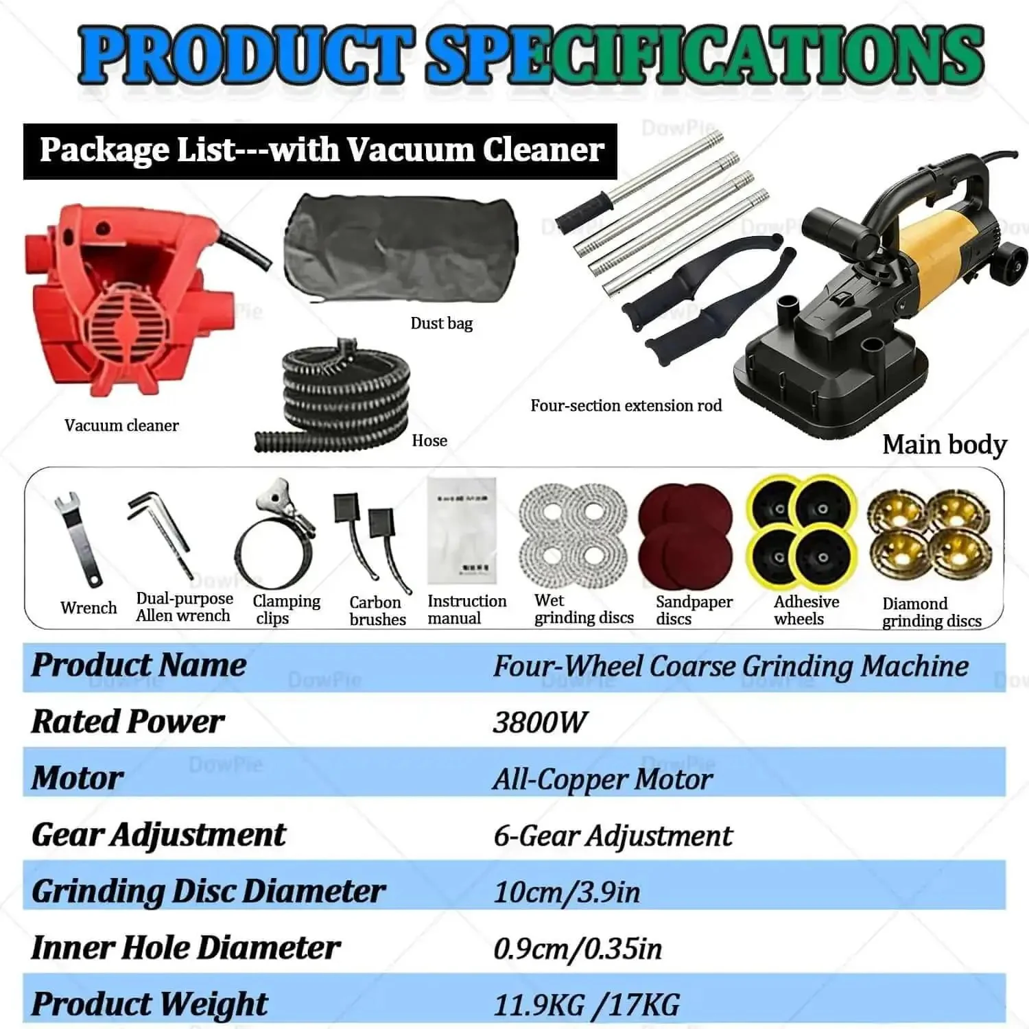 Four Head Floor Polisher Dustless Concrete Grinder With Wet Dry Modes 3000 RPM Pure Copper Motor Heavy Duty Workhorse For Wall Corner Cleaning And Rusted Metal Descaling 110V With Vacuum Attachment - Image 7