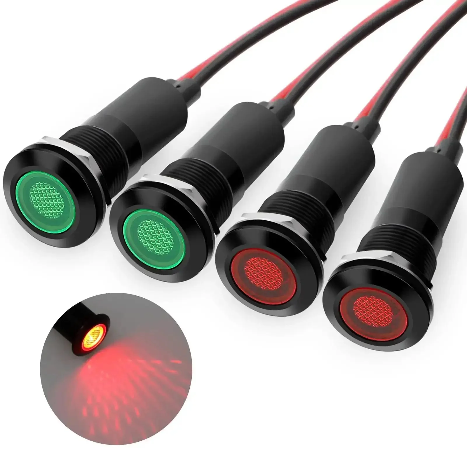 Four Pack 12mm LED Indicator Lights IP67 Waterproof Signal Lamps With 18AWG Leads Universal 5V To 125V Fit For Pilot Dash Heads Green And Red Non Flashing Panel Mount 20cm Wires