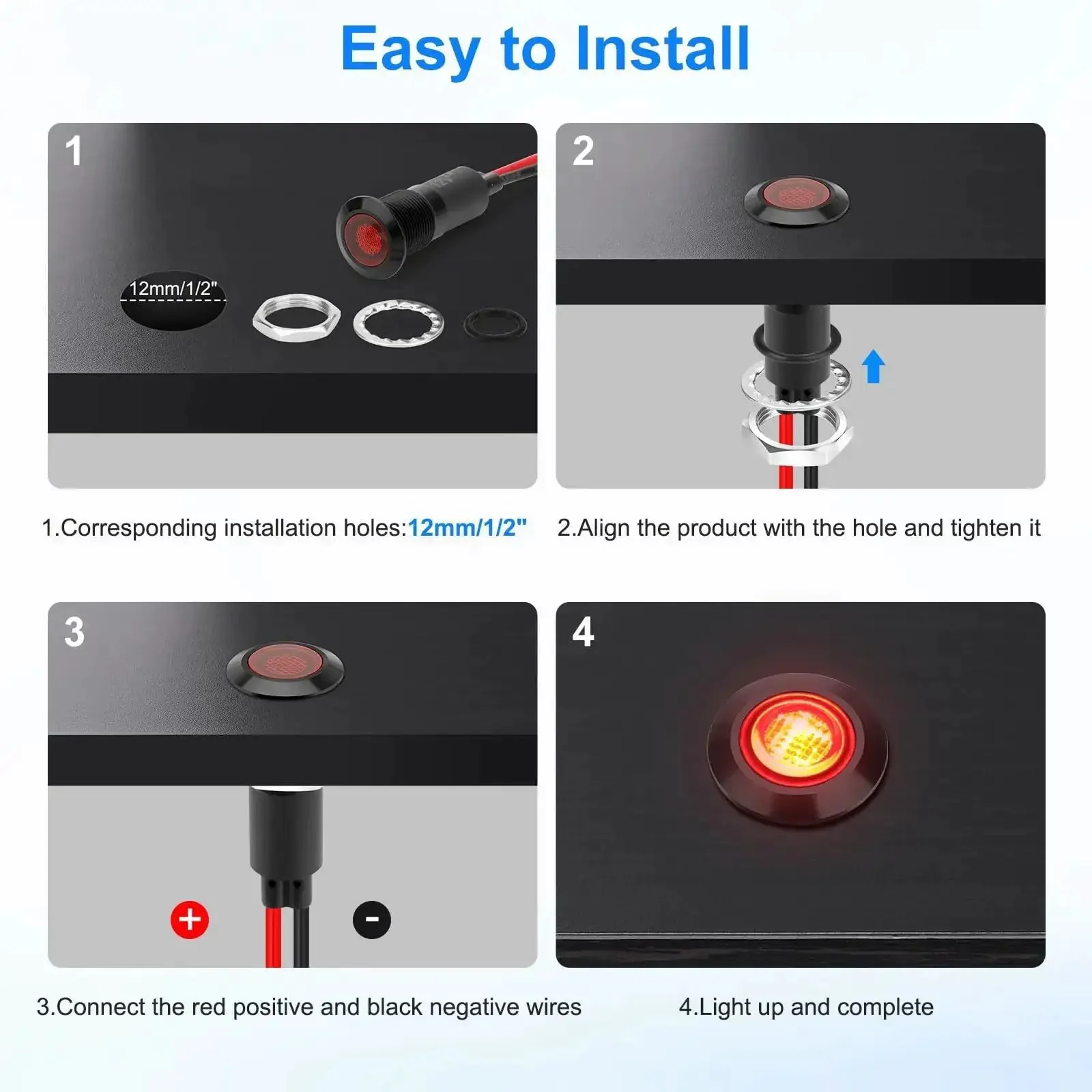 Four Pack 12mm LED Indicator Lights IP67 Waterproof Signal Lamps With 18AWG Leads Universal 5V To 125V Fit For Pilot Dash Heads Green And Red Non Flashing Panel Mount 20cm Wires - Image 3