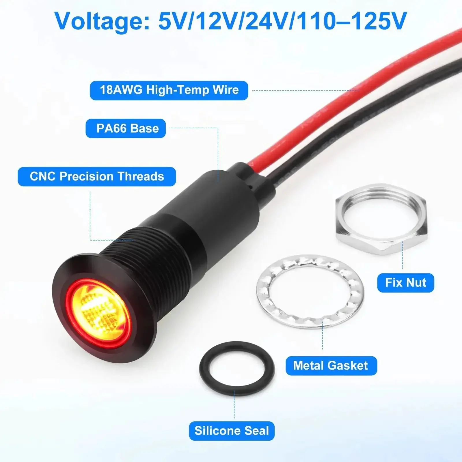 Four Pack 12mm LED Indicator Lights IP67 Waterproof Signal Lamps With 18AWG Leads Universal 5V To 125V Fit For Pilot Dash Heads Green And Red Non Flashing Panel Mount 20cm Wires - Image 6