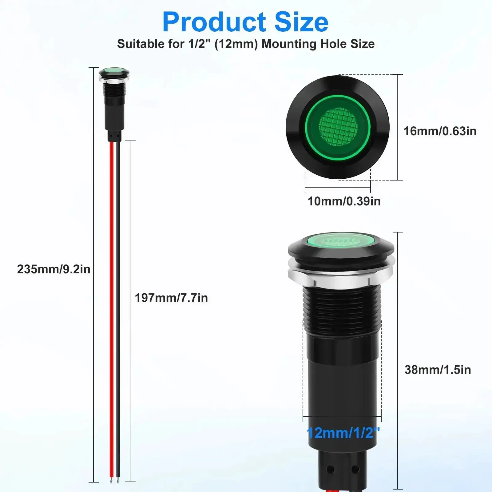 Four Pack 12mm LED Indicator Lights IP67 Waterproof Signal Lamps With 18AWG Leads Universal 5V To 125V Fit For Pilot Dash Heads Green And Red Non Flashing Panel Mount 20cm Wires - Image 7