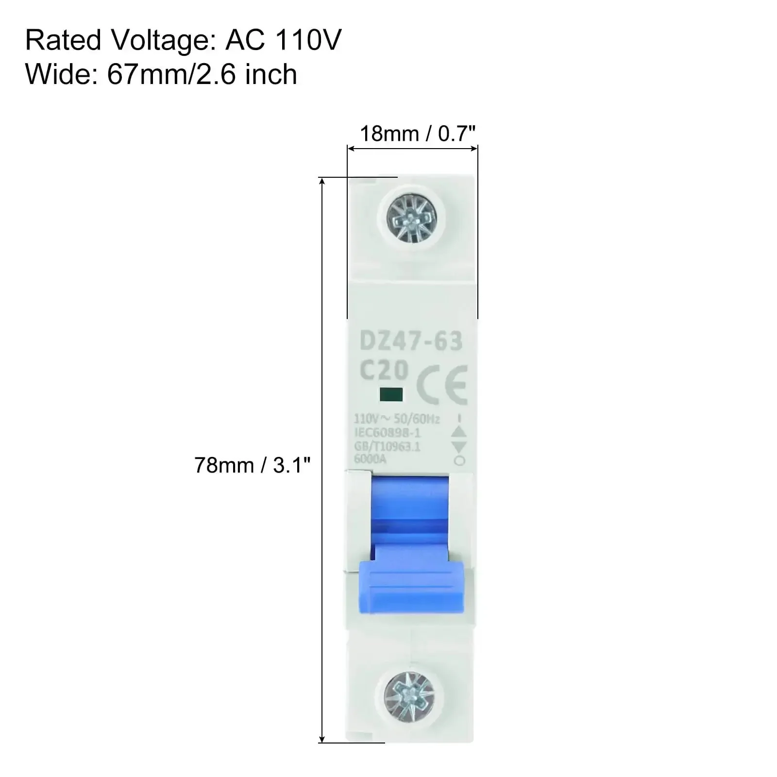 Four Pack 1P 20A 110V Miniature Circuit Breaker DZ47-63 DIN Rail Mount Disconnect Switch With Thermal Magnetic Trip For Short Circuit And Overload Protection Blue - Image 7