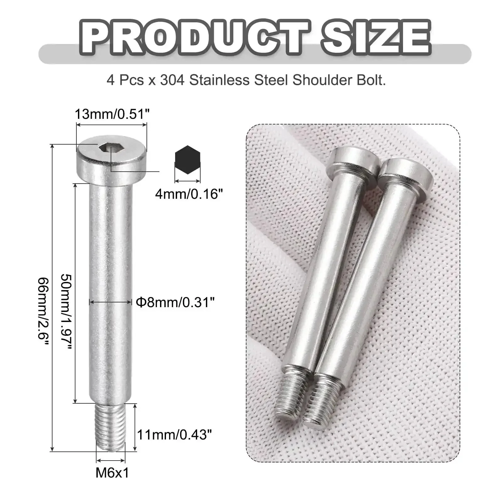 Four Pack 304 Stainless Steel Shoulder Bolts 8mm Shoulder Diameter 50mm Shoulder Length M6x1 Thread Hex Socket Tough As Nails Hardware For Hydraulic Injection Molding Machinery And Industrial Equipment - Image 6