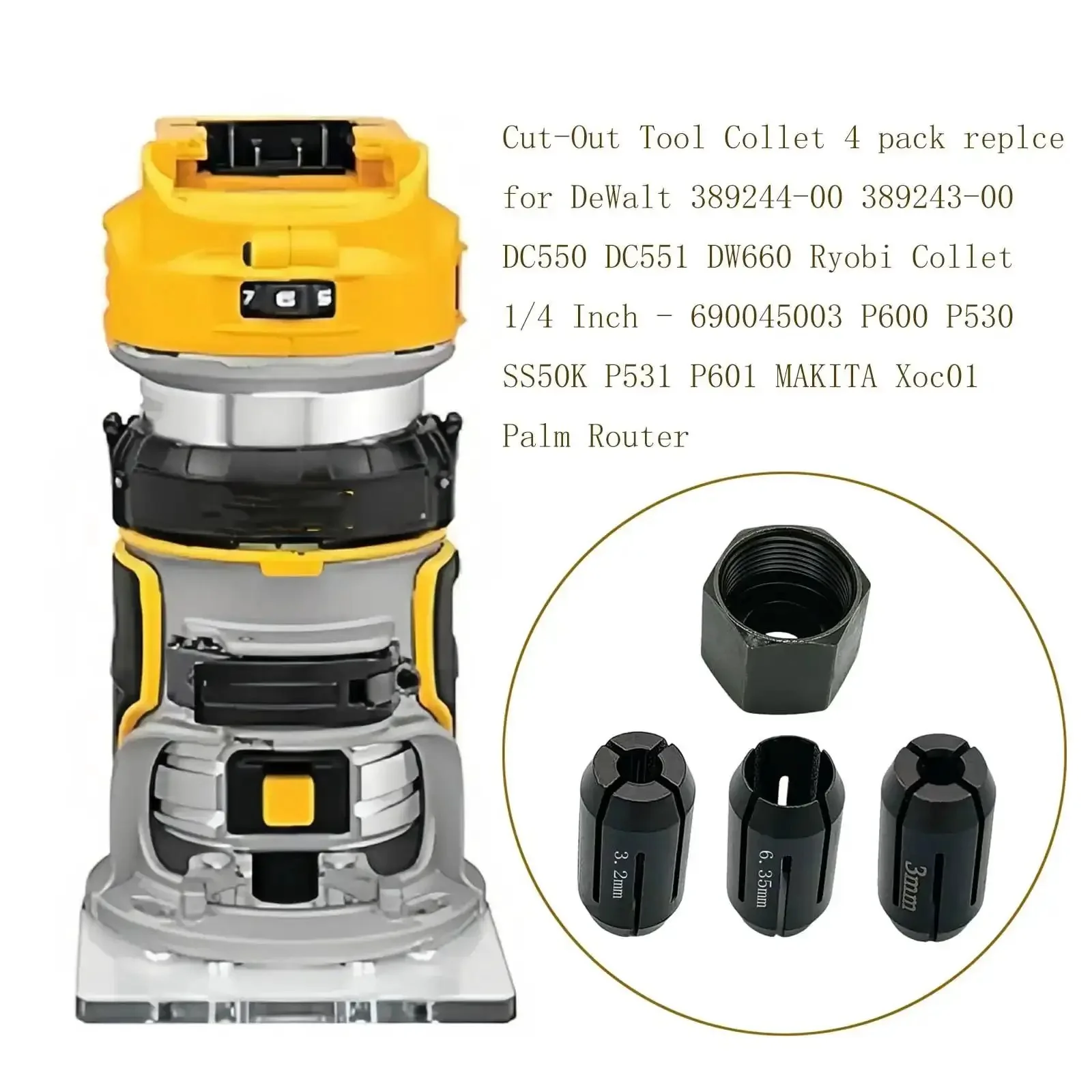 Four Pack Cut Out Tool Collet Chuck Kit For DW660 And DC550 Palm Routers Includes One Eighth Inch One Quarter Inch And Three Point Zero Millimeter Collets Beefed Up Replacement Parts For Cut Out Tools - Image 7