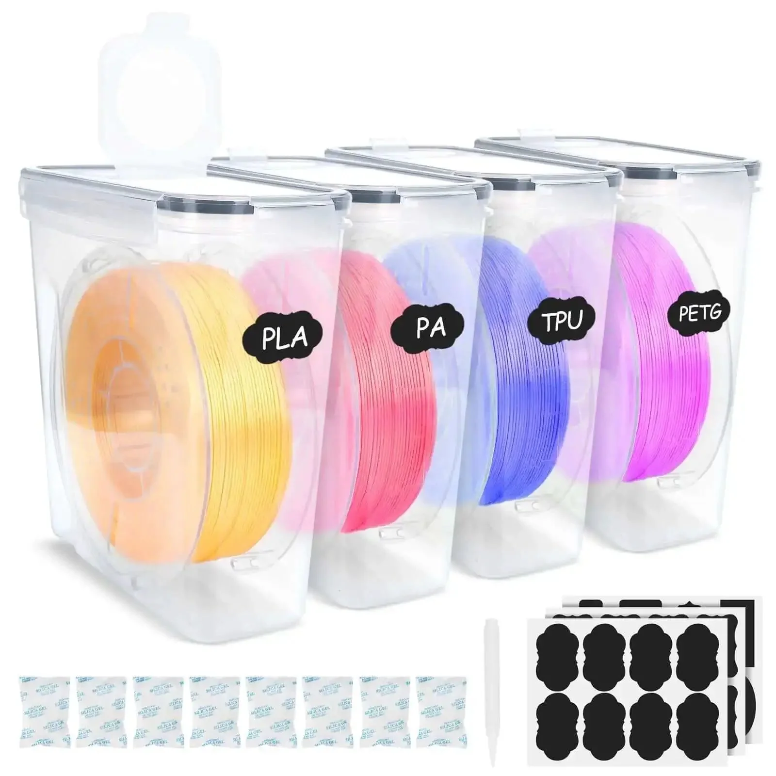 Four Pack Filament Storage Box Set With Desiccants Reusable Label Sheets And 4.0L Airtight Containers For 3D Printing Filaments Waterproof And Dustproof Sealed To Keep Your Filaments Fresh