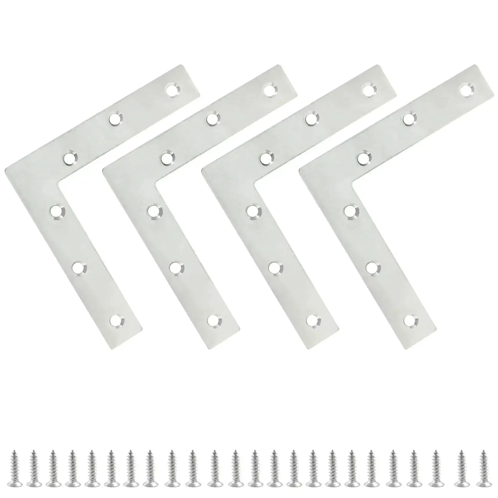 Four Pack L Shaped Corner Brackets 4.7 by 4.7 Inch Stainless Steel Flat Braces Joining Plates for Wood Furniture Cabinets Windows Desks Repair Kit With Screws Easy Install Silver