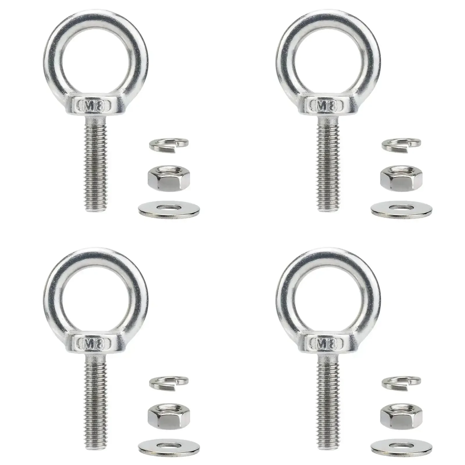 Four Pack M8 By 30mm Stainless Steel Eyebolts With Nuts And Washers 304 Grade Heavy Duty Eyebolts For Outdoor Lifting And Tie Down Use Securing Swing Trucks Trailers And Equipment