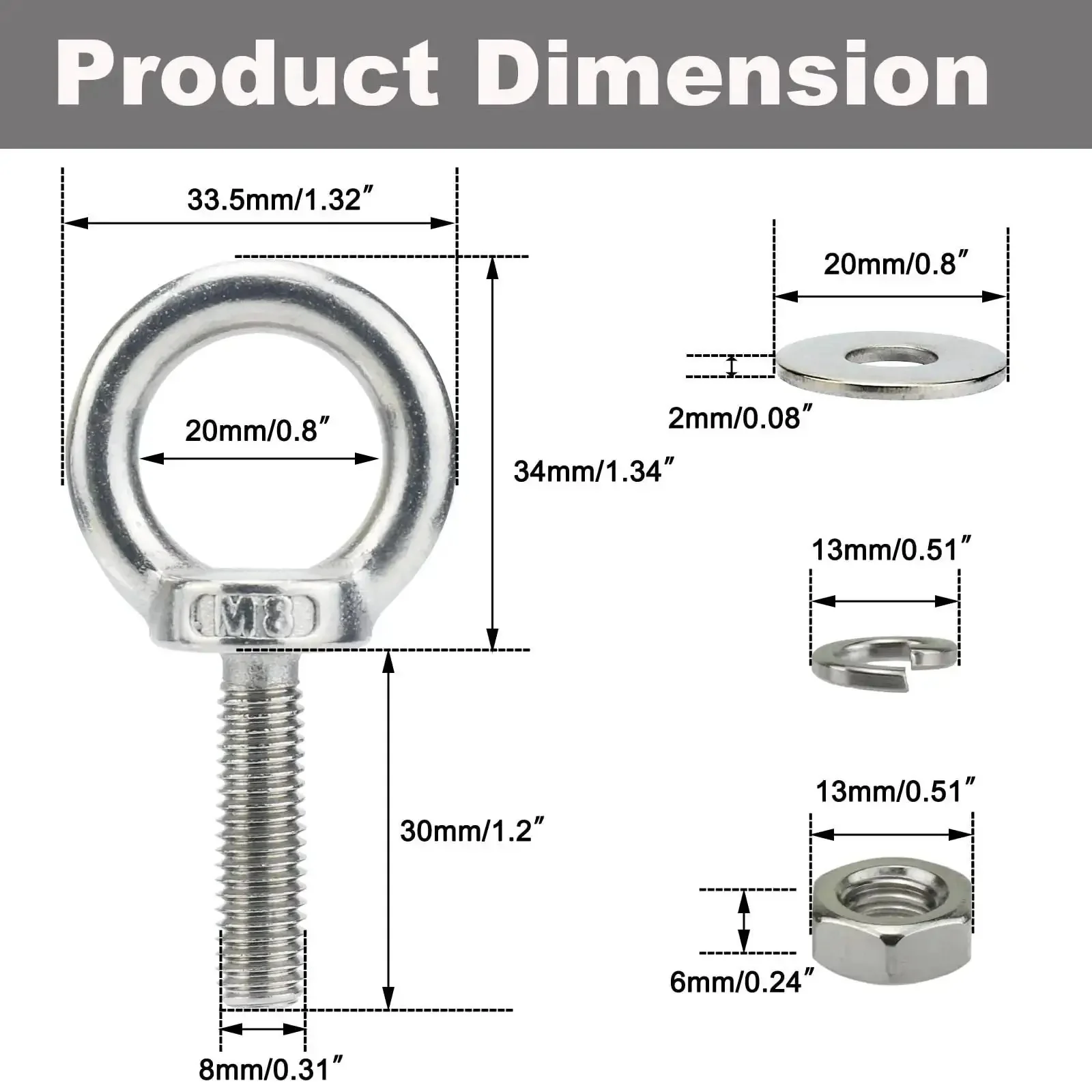Four Pack M8 By 30mm Stainless Steel Eyebolts With Nuts And Washers 304 Grade Heavy Duty Eyebolts For Outdoor Lifting And Tie Down Use Securing Swing Trucks Trailers And Equipment - Image 5