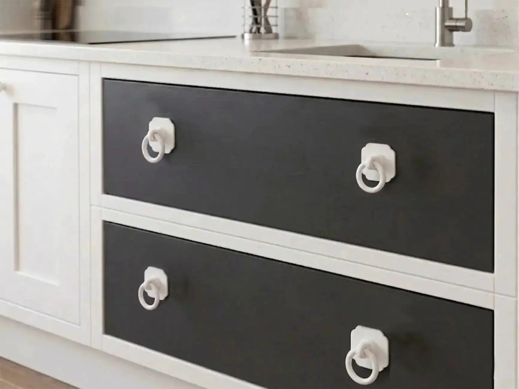 Four Pack Satin White Cabinet And Bifold Ring Pull Handles With One And Three Fifths Inch Backplate, Vintage Round Ring Knob Look Reno Ready For Kitchen Cabinets, Folding Doors, Wardrobes, Dressers, Super Easy Renovation Hardware - Image 4