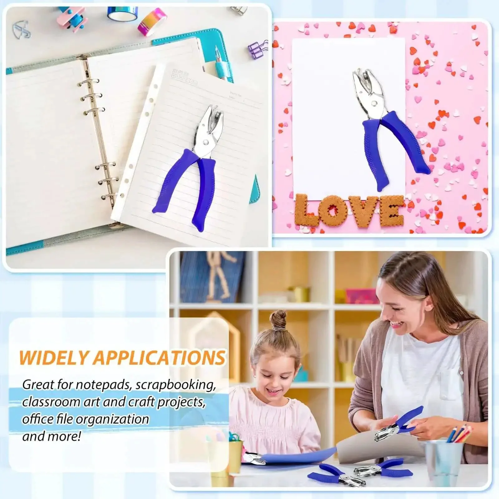 Four Pack Shape Hole Punch Set With Soft Grip For Binder Scrapbooking And Cards No Boring Holes One Quarter Inch Circle Heart Star Triangle DIY Craft Tools With Storage Slot And Reinforcement Stickers Blue - Image 2