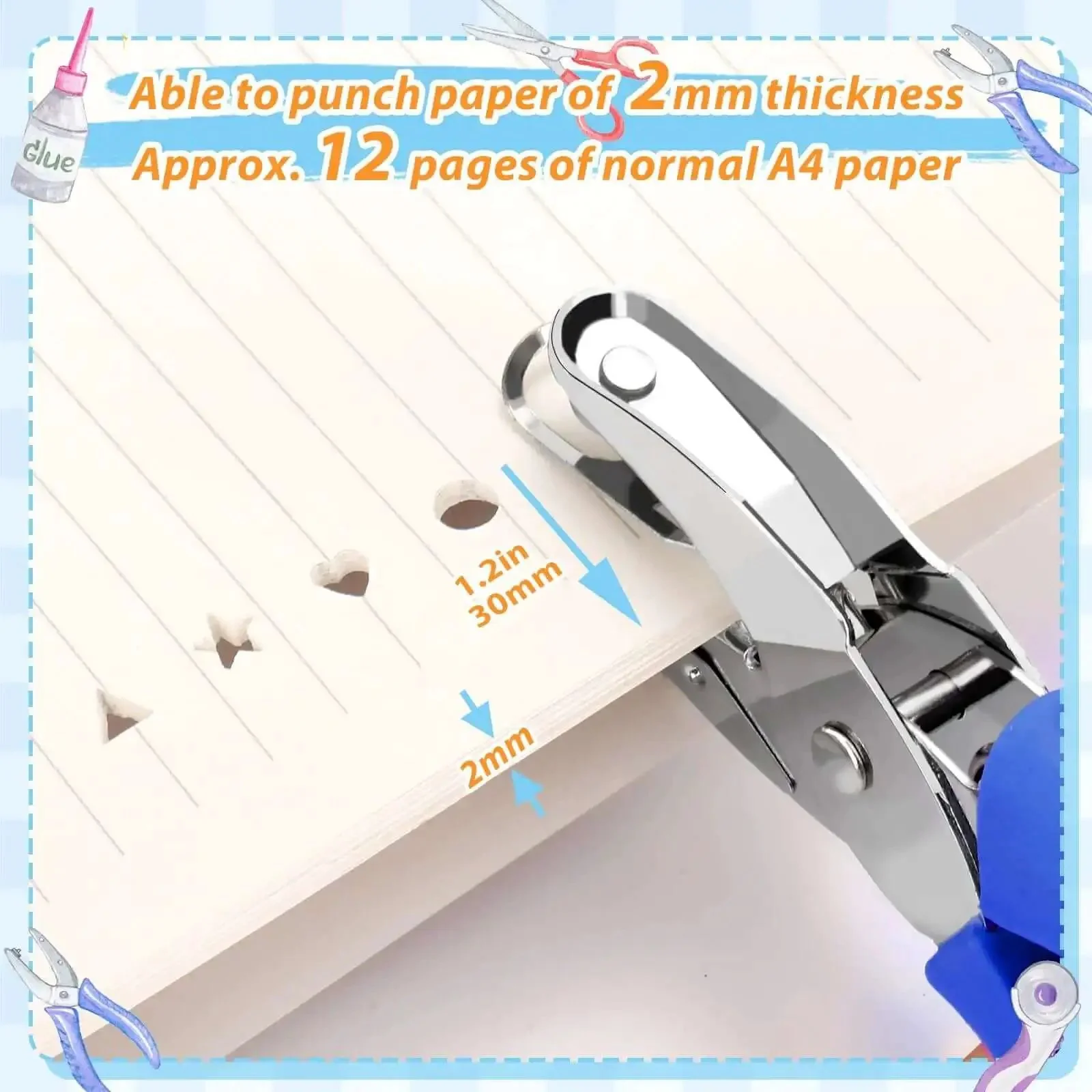 Four Pack Shape Hole Punch Set With Soft Grip For Binder Scrapbooking And Cards No Boring Holes One Quarter Inch Circle Heart Star Triangle DIY Craft Tools With Storage Slot And Reinforcement Stickers Blue - Image 5