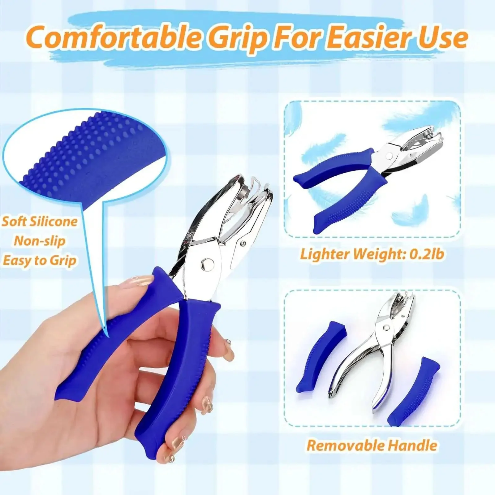 Four Pack Shape Hole Punch Set With Soft Grip For Binder Scrapbooking And Cards No Boring Holes One Quarter Inch Circle Heart Star Triangle DIY Craft Tools With Storage Slot And Reinforcement Stickers Blue - Image 7