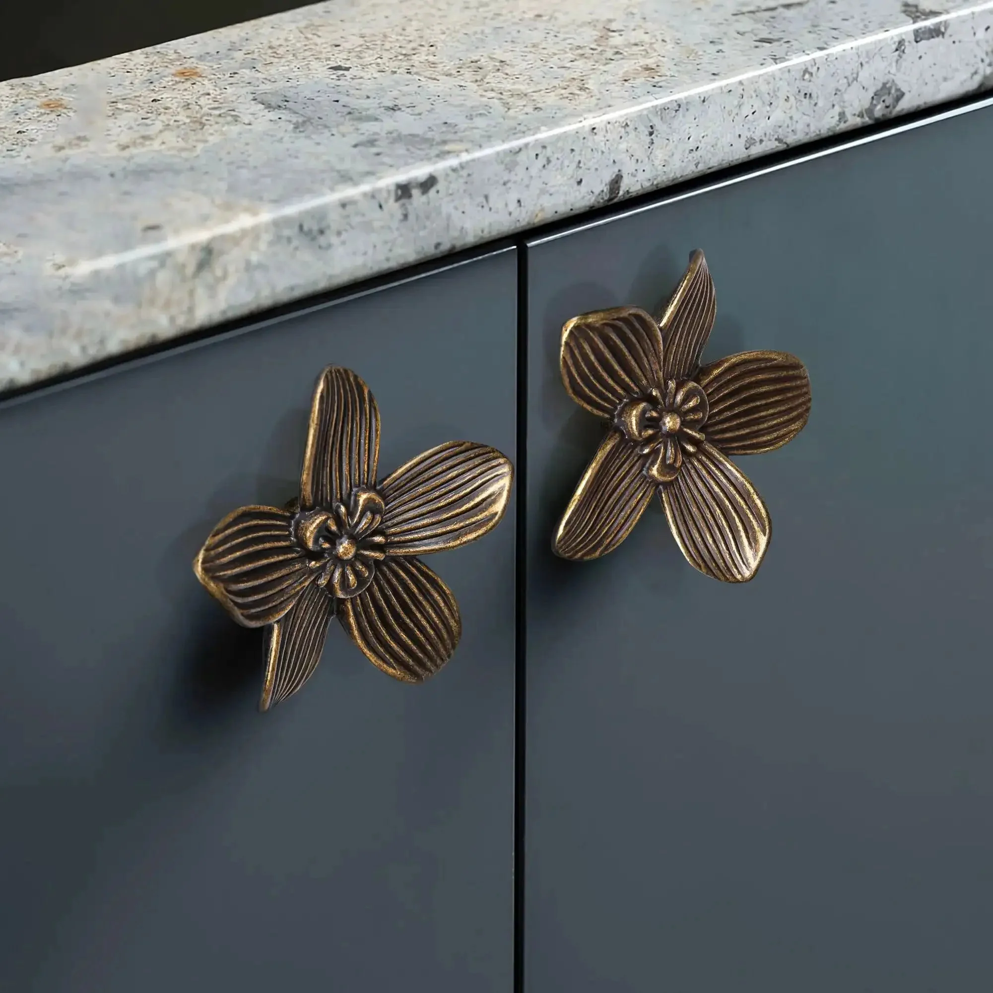 Four Pack Two Point Four Inch Antique Brass Flower Cabinet Knobs With Vintage Floral Drawer Pulls For Furniture Vanity Closet And Bathroom Decorative Dresser Handles Unique Antique Hardware - Image 5