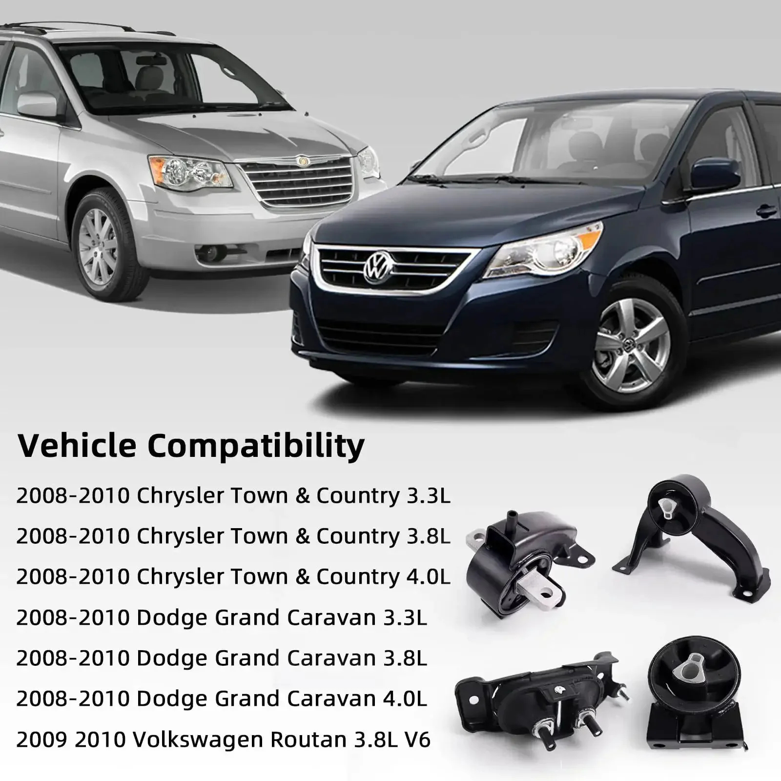 Four Piece Engine And Transmission Mount Kit That Fits Chrysler Town And Country Dodge Grand Caravan And Volkswagen Routan 2008 2009 2010 3.3L 3.8L 4.0L A5654 A5480 A5465 A5493 - Image 2