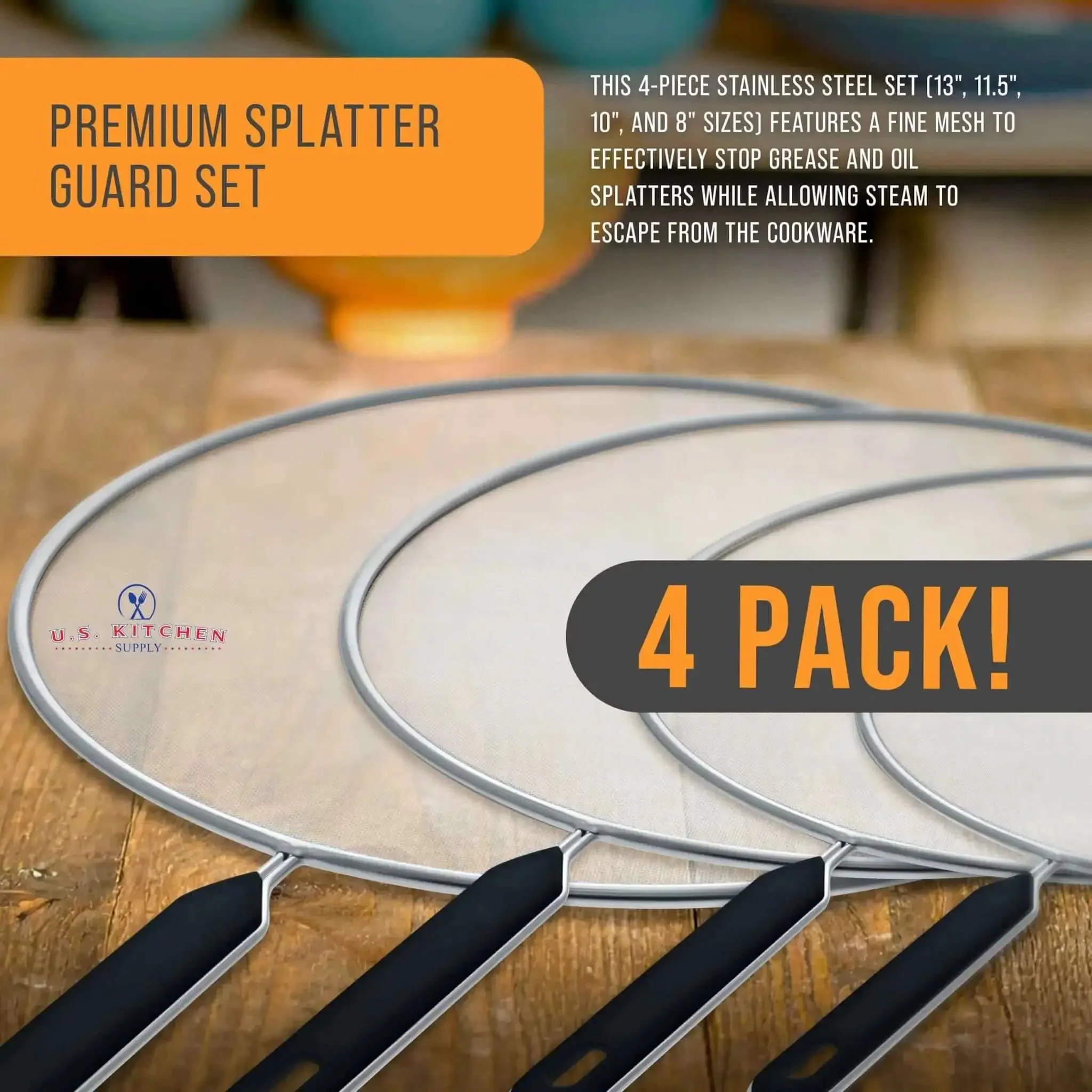 Four Piece Stainless Steel Splatter Guard Set With Fine Mesh Keeps Grease From Splashing All Over Your Stove, 13, 11.5, 10, 8 Inches, Grease And Oil Splash Protection For Frying Pans And Pots, Comfort Grip Handles - Image 7