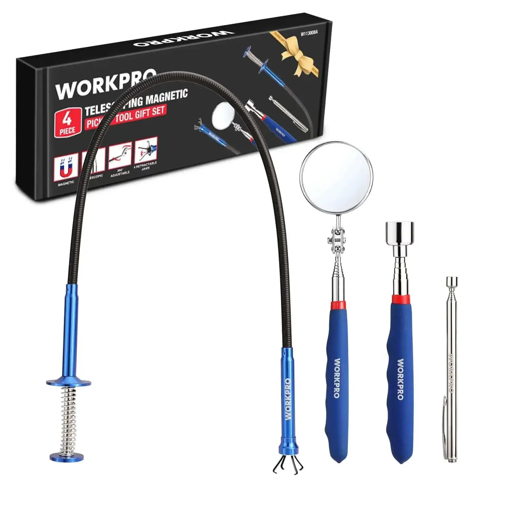 Four Piece Telescoping Magnetic Pick Up Tool Kit With Flexible Grabber A Real Workhorse For Reaching Under Cars Two Magnetic Pick Up Tools 2 Lb And 16 Lb And Four Claw Grabbers Plus Telescoping Inspection Mirror For Auto Repair And Car Maintenance